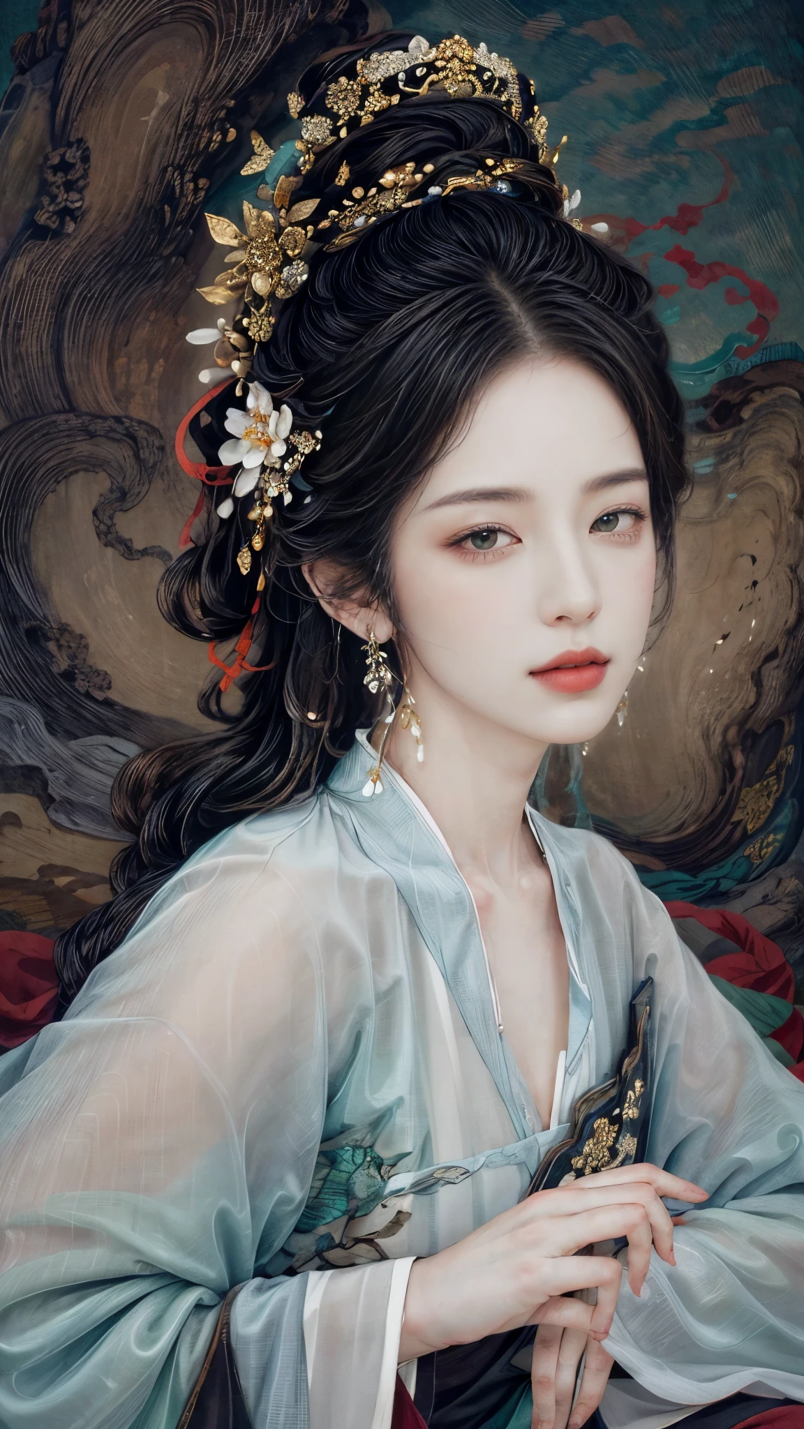 (highest quality,4k,8K,High resolution,masterpiece:1.2),Super detailed,(realistic,photorealistic,photo-realistic:1.37), Bright colors,strong contrast, dreamy lighting,Classic beauty,traditional painting style,gorgeous clothes,complicated pattern,calm expression,Posed,peaceful garden atmosphere,flowing gown,delicate accessories,exquisite hair ornament,subtle makeup,emerald earrings,whisper of beauty,sublime elegance,feminine elegance,fine brush strokes,rich in details,Seamless fusion of tradition and modernity,chinese classical garden,With the Huangshan Mountains in the background,Artistic expression of a young woman in ancient China,A captivating depiction of timeless beauty.