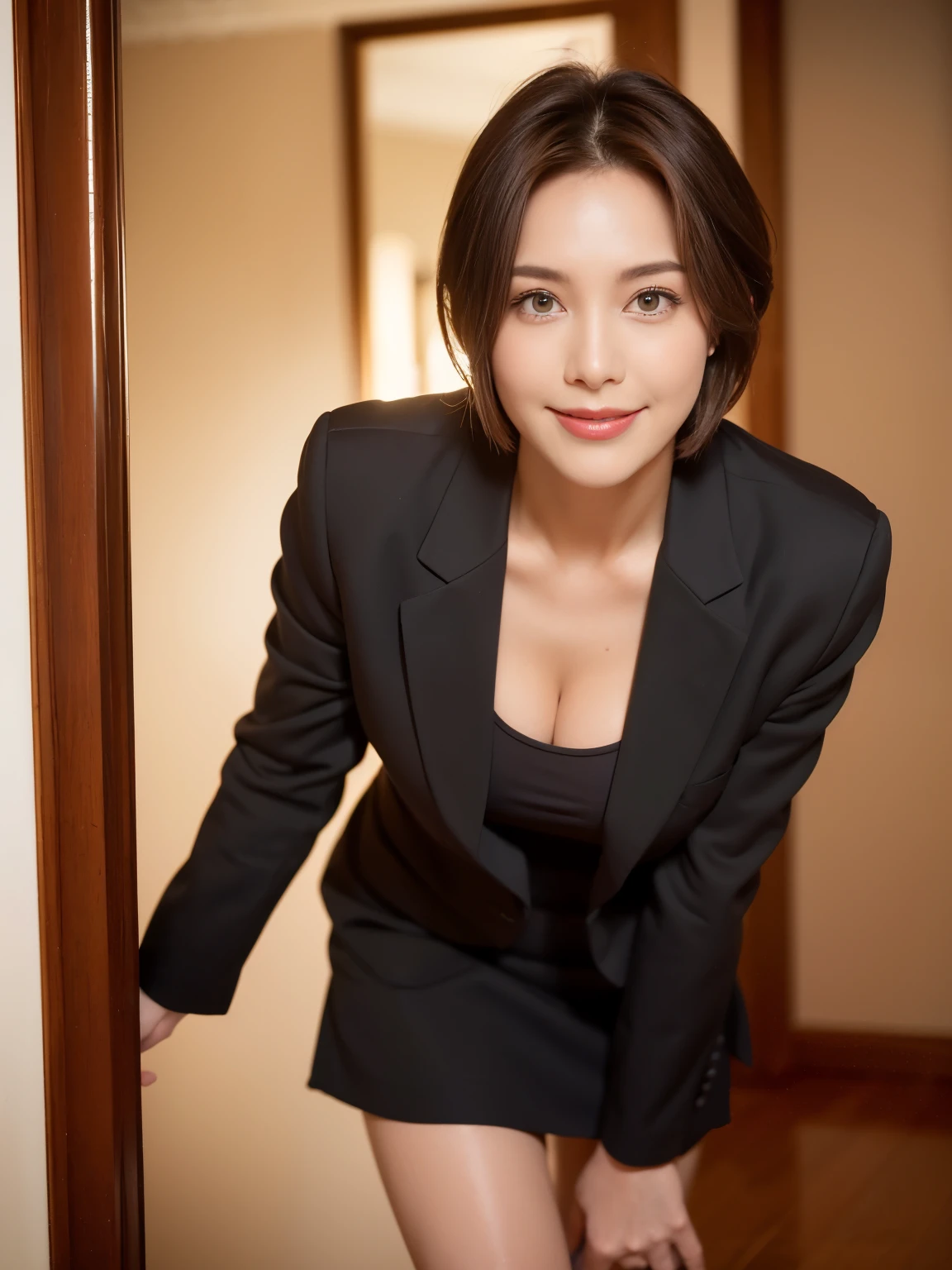 masterpiece,highest quality, (1 milf、42 years old), ((close:0.5)), ((Cross Arm)), glare, gray blazer, white shirt, double eyelid, eyelash, lip gloss, (smile:1), ((close your eyes:0.85)), ((looking at the viewer、The whole body is reflected、Are standing)), to be born, (From above:0.2), ((no one)), （office）、（knee length、knee high boots）、Depth of written boundary、尖ったred mouth、(reddish brown wet shiny short hair,,,,,,,,,),red mouth,clavicle、full body portrait、digital illustration, (Photoreal:1.3),(Raw photo.)