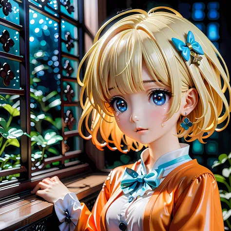 Anime style artwork of blonde girl with blue eyes by window on rainy night, Wearing a white shirt with a blue bow, crying emotic...