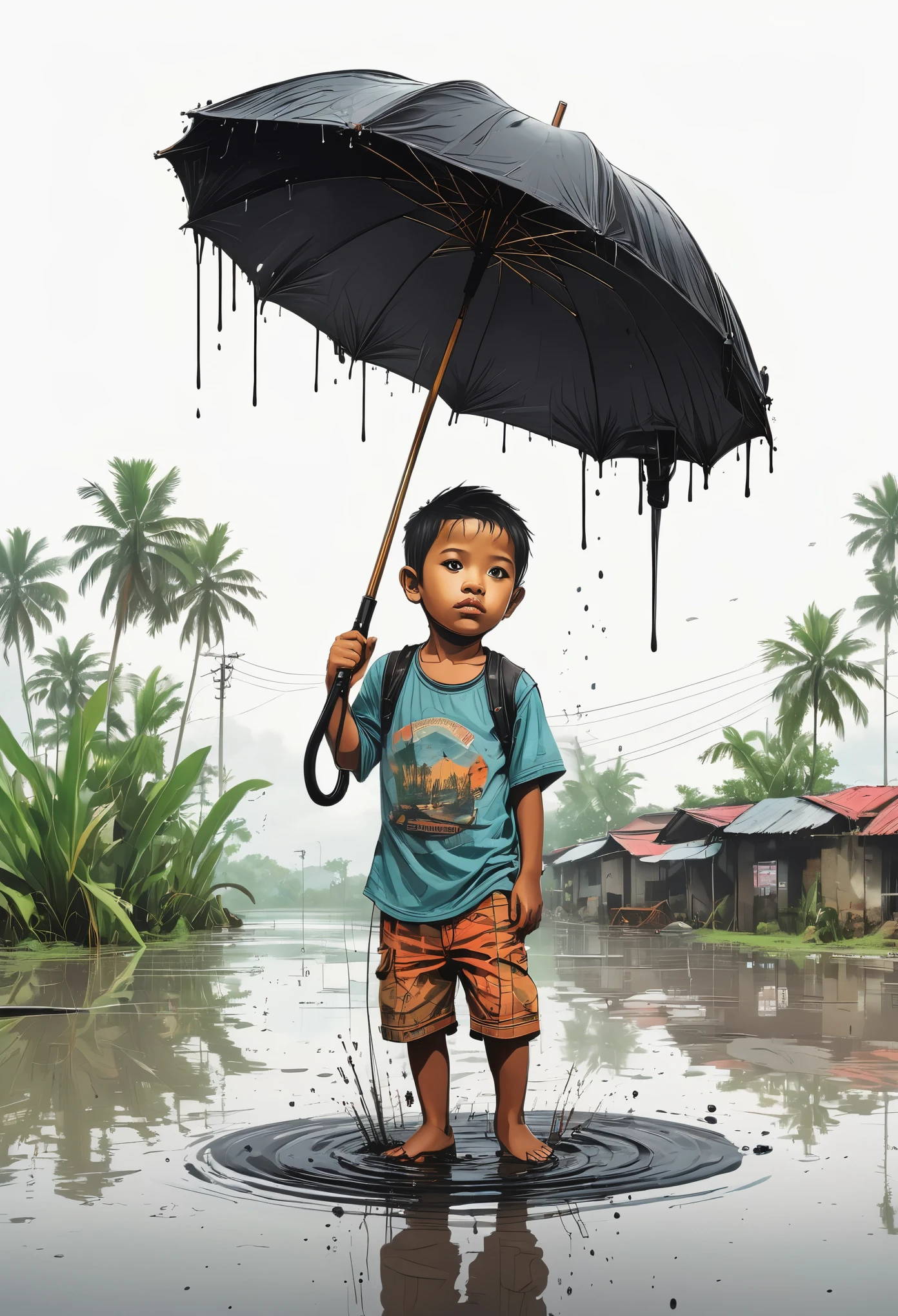 Tシャツデザイン, 洪水の激しい雨に浸かった黒い傘を持った悲しそうなインドネシアの子供たちのイラスト, アートワークポスター, グランジアートワーク, 中心的アートワーク, 非常に詳細なアートワーク, 8K, 高解像度, シュールな絵画, フルカラー, 白色の背景, 