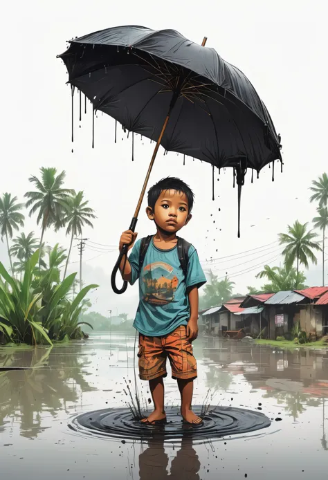 t-shirt design, illustration of a sad indonesian kids holding black umbrella submerged in floodwater hardrain, artwork poster, g...