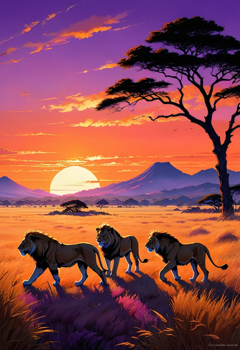 La puesta de sol del Serengeti proyecta largas sombras sobre una manada de leones, hierba de sabana balanceándose suavemente, acacias distantes recortadas contra un cielo ardiente, paleta de colores de naranjas intensos y morados, pintura digital, detalle ultrafino, composición de proporción áurea., Arte por Ayami Kojima, Hiroaki,  estética marika kohno, Toru Asakura.  estilo manga+.  Impacto de Studio Ghibli Genshin