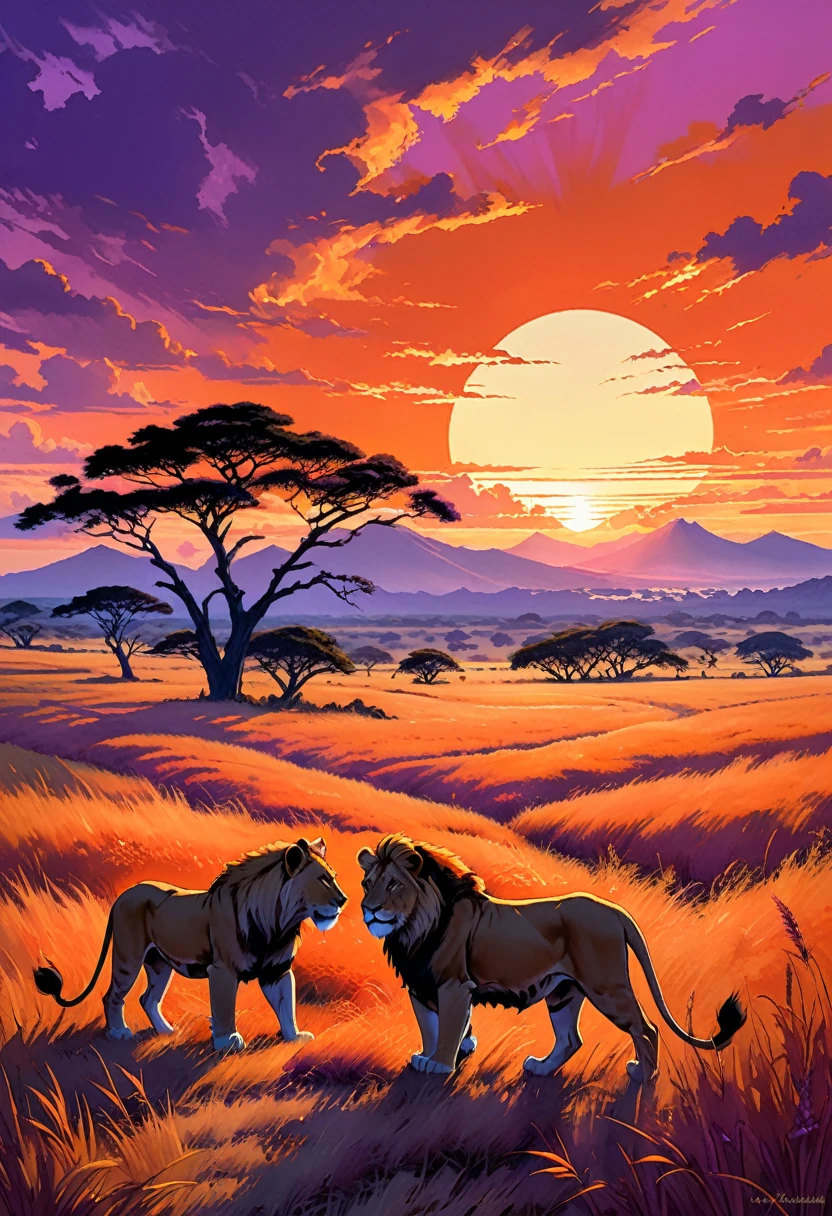 Serengeti sunset casting long shadows over a pride of lions, savanna grass swaying gently, distant acacia trees silhouetted against a fiery sky, color palette of deep oranges and purples, digital painting, ultra fine detail, golden ratio composition., Art by  Ayami Kojima, Hiroaki,  aesthetic Marika Kohno, Toru Asakura.  manga style+.  Studio Ghibli Genshin Impact