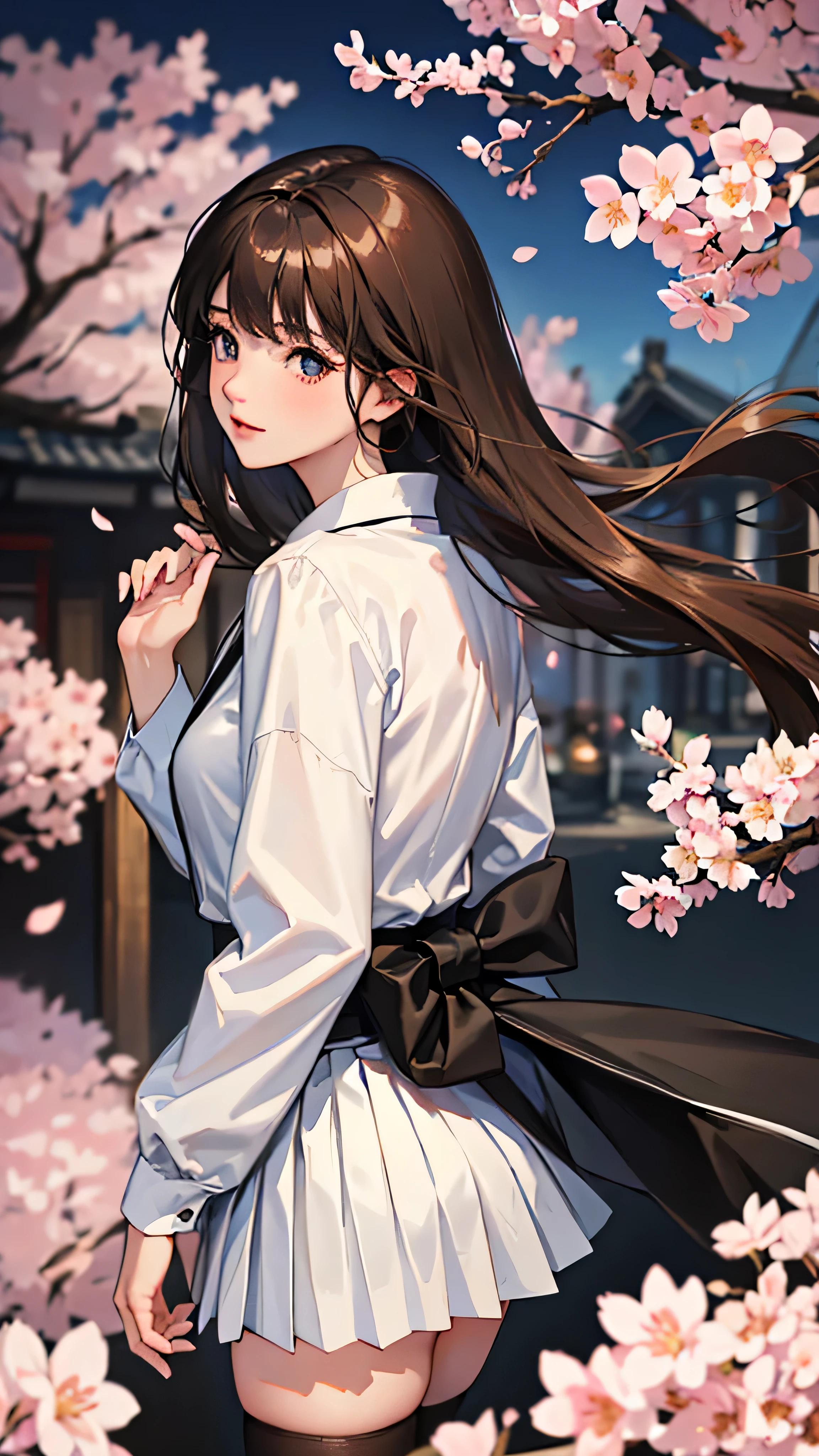 ((best quality)), ((masterpiece)), (detailed), (natural side lighting, movie lighting), 
((carry the audience on their backs)), whole body, 1 girl, Rear view, ((Japanese)), perfect body structure, shiny skin, Long hair fluttering in the wind,
long black hair, Slender legs, beautiful hands, 
((symmetrical clothes, white collar shirt, Black pleated mini skirt，dark stockings)) , 
(Beautiful scenery), depth of field, japanese city, street, spring, Cherry blossoms,