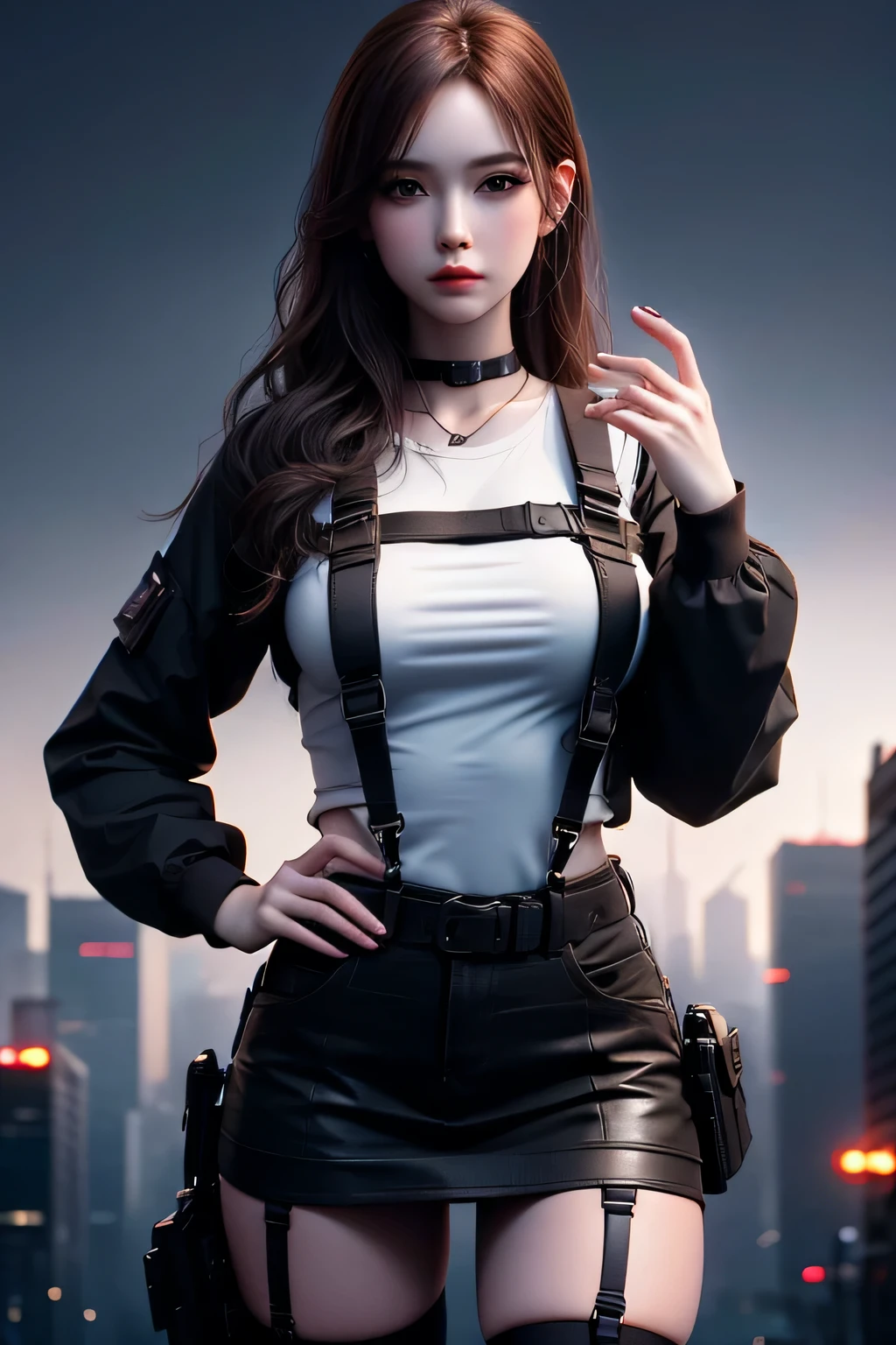 Brown hair, watching at viewers, black suspenders, Black skirt, white shirt, garter belt, standing, Gaze, knee high socks, holster, Beautiful Women, Hands up, black boots, flank, put your hands behind your back, at night, city in the background, TOKYO of cyberpunk, 2080s, night scene, Beautiful Neon Lights, street, vibrant colors, feminine yet authoritative, attention to facial features and makeup, depth of field, A scene from a movie, cinematic lighting, cinematic shadows