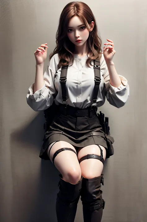 Brown hair, watching at viewers, black suspenders, Black skirt, white shirt, garter belt, Gaze, knee high socks, holster, Beauti...