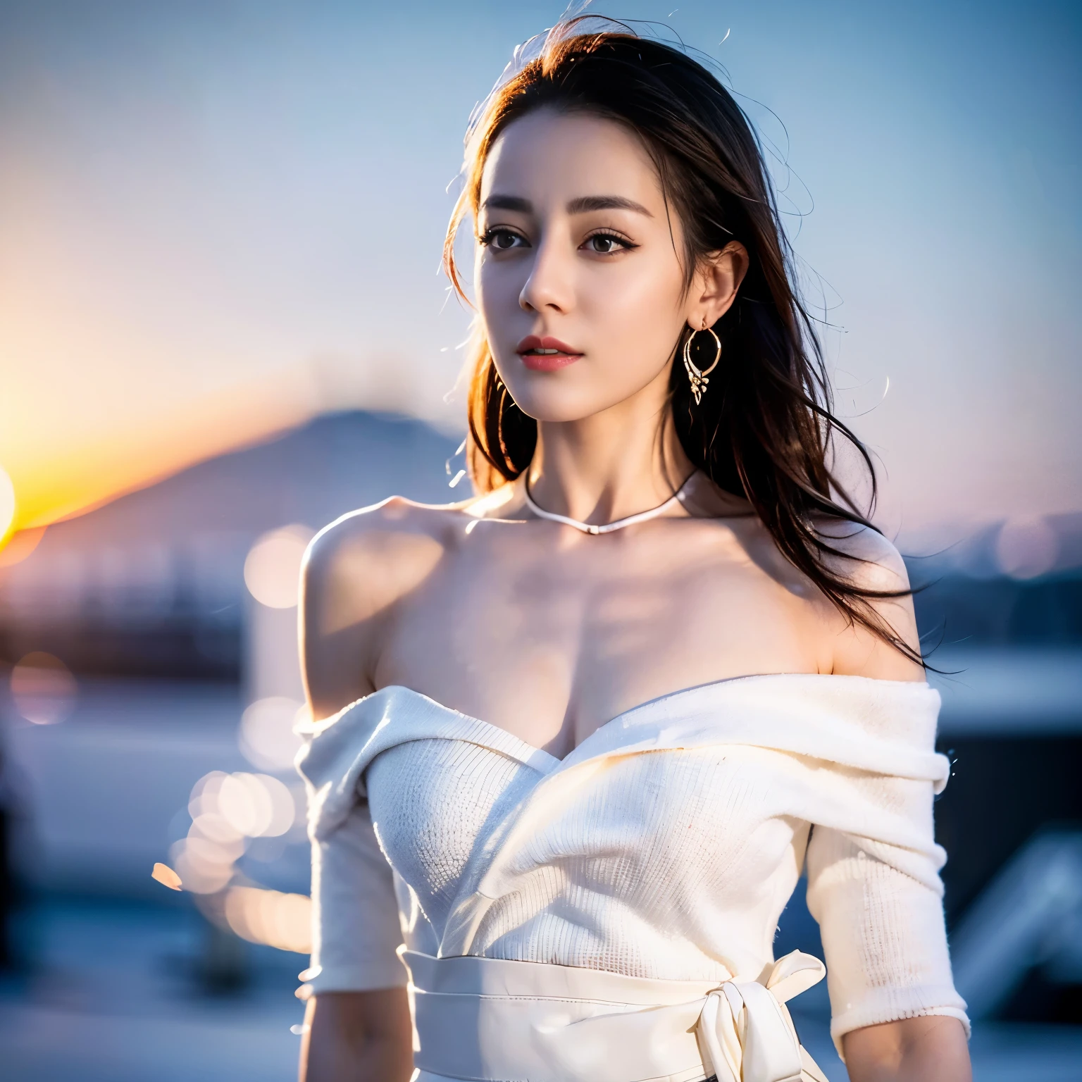 ((top quality、8k、​Masterpiece:1.3))、Extremely delicate and beautiful girl，full-body shot，huge breasts，bigger breasts，amazing breast size，G cup。Wear big earrings，Very white skin，moist red lips，Waist is very thin，Thighs are very thin，big butt，fair and smooth skin，Smooth and fair skin，flawless skin，Fair and shiny skin，cold white skin，The camera focuses on the chest，Bright light，white sweater，Lower body exposed，bare shoulders，gray hair，and the hair is gray，heavy snow，snow mountain，sunset，Rizhao Jinshan