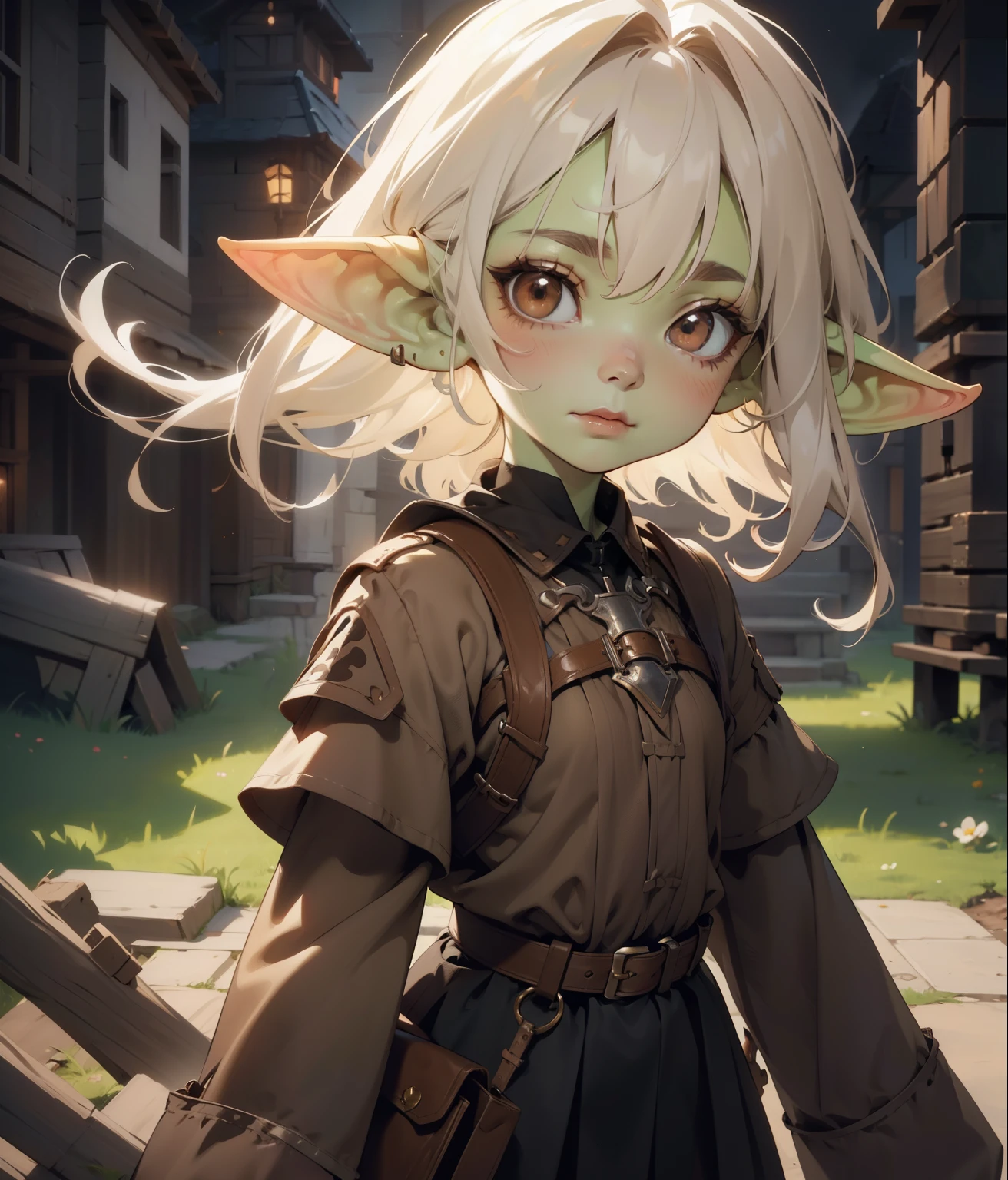 beautiful illustration, best quality, cute goblin girl, fractal art, albino, babyface, medium pure brown and black mesh hair, beautiful detailed brown eyes, cinematic lighting, cowboy shot, looking at viewer, from bottom, happy