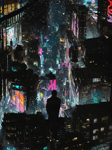 network city，A man stands on a platform in the middle of the street, Cyberpunk Street, In the cyberpunk city, cyberpunk In cyber...