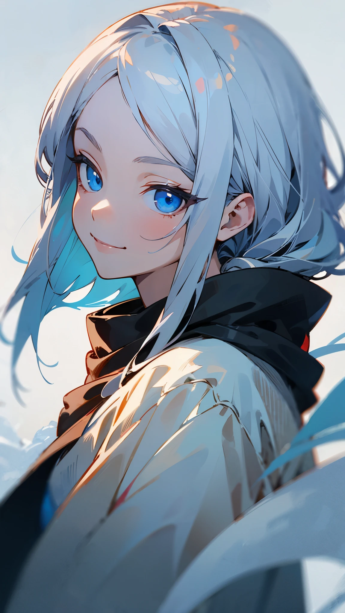 1 girl、anime painting、silver hair、blue eyes、evil smile、From the side、upper body close-up、winter