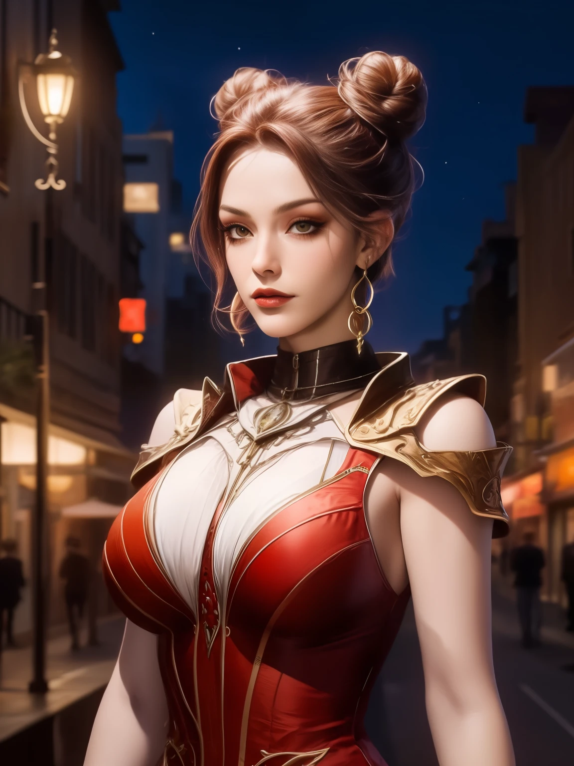 1girl, mature female, cityscape, night, looking at viewer, earrings, jewelry, hair bun,double bun, short hair, clothing cutout, cowboy shot, high collar,shoulder armor, shirt,