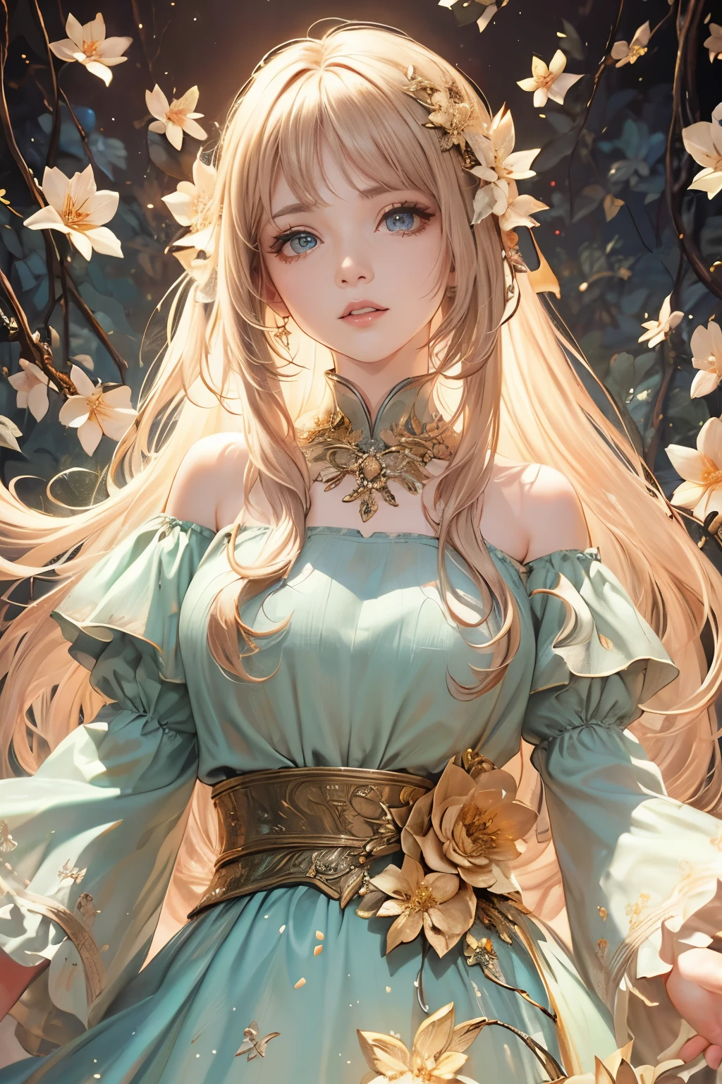 (best quality,8K,CG),detail upper body,lonesome girl,floral dress,forest background,detailed facial features,elegant long hair,almond-shaped eyes,detailed eye makeup,long fluttering eyelashes,blinking big eyes,twinkling stars,complex lip details,soft style