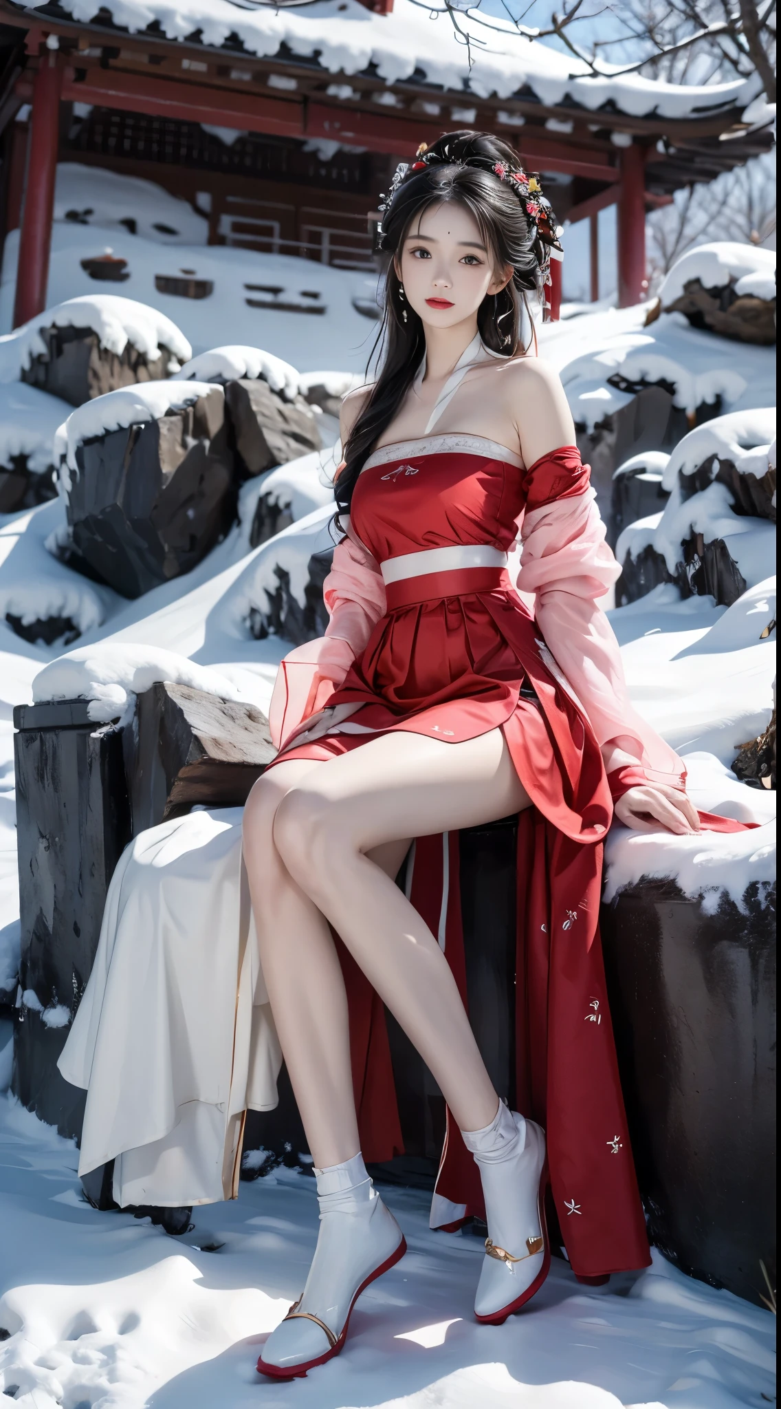 hanfu-song, hanfu, song theme, bandeau, tube top, ((from below)),（8k， original photo， best quality， masterpiece：1.2），（realistic， Shoot real：1.4)，hide your face from sadness，Alice Gainsborough， ((knee shot))， bare shoulders，The skirt is short, Very short skirt, Nice slender legs, long legs, external， (external，covered with snow) high quality， Adobe lighthouse， High detail skin， looking at the audience，