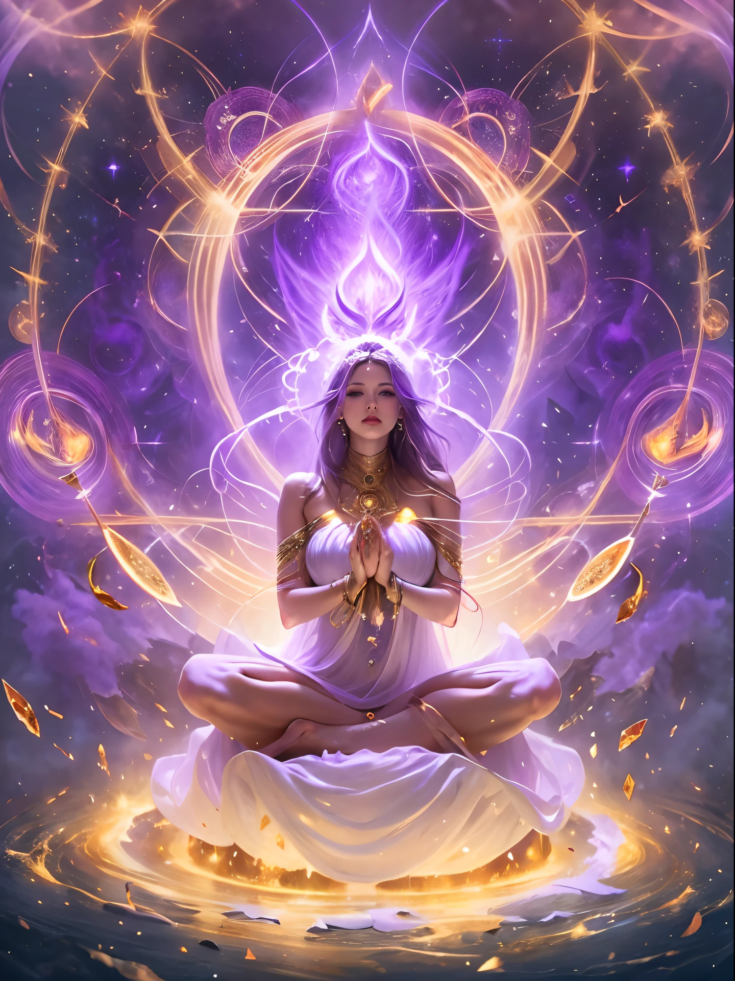 fire멸의 여신, very beautiful, 8 thousand, super big , meditating, bright white cloth covering part of the body, sitting cross-legged, Golden glowing magic circle spinning behind her, A magical purple aura surrounds her area., magical violet fire, fancy, Milky Way Galaxy background, (4 elements, fire, water, wind, earth, surrounding it),