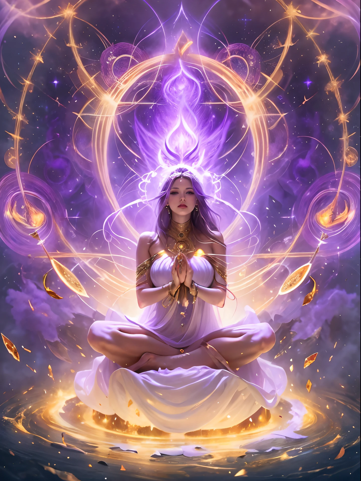 fire멸의 여신, very beautiful, 8 thousand, super big tits, meditating, bright white cloth covering part of the body, sitting cross-legged, Golden glowing magic circle spinning behind her, A magical purple aura surrounds her area., magical violet fire, fancy, Milky Way Galaxy background, (4 elements, fire, water, wind, earth, surrounding it),