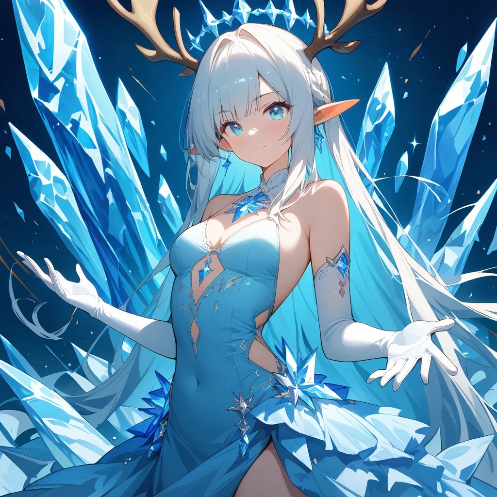 (masterpiece, best quality:1.2), 1girl, solo, blue_eyes, pointy_ears, elbow_gloves, looking_at_viewer, white_hair, bare_shoulders, blue_dress, white_gloves, sleeveless_dress, closed_mouth, antlers, blue_background, very_long_hair, small_breasts, crystal, bangs, jewelry, ice