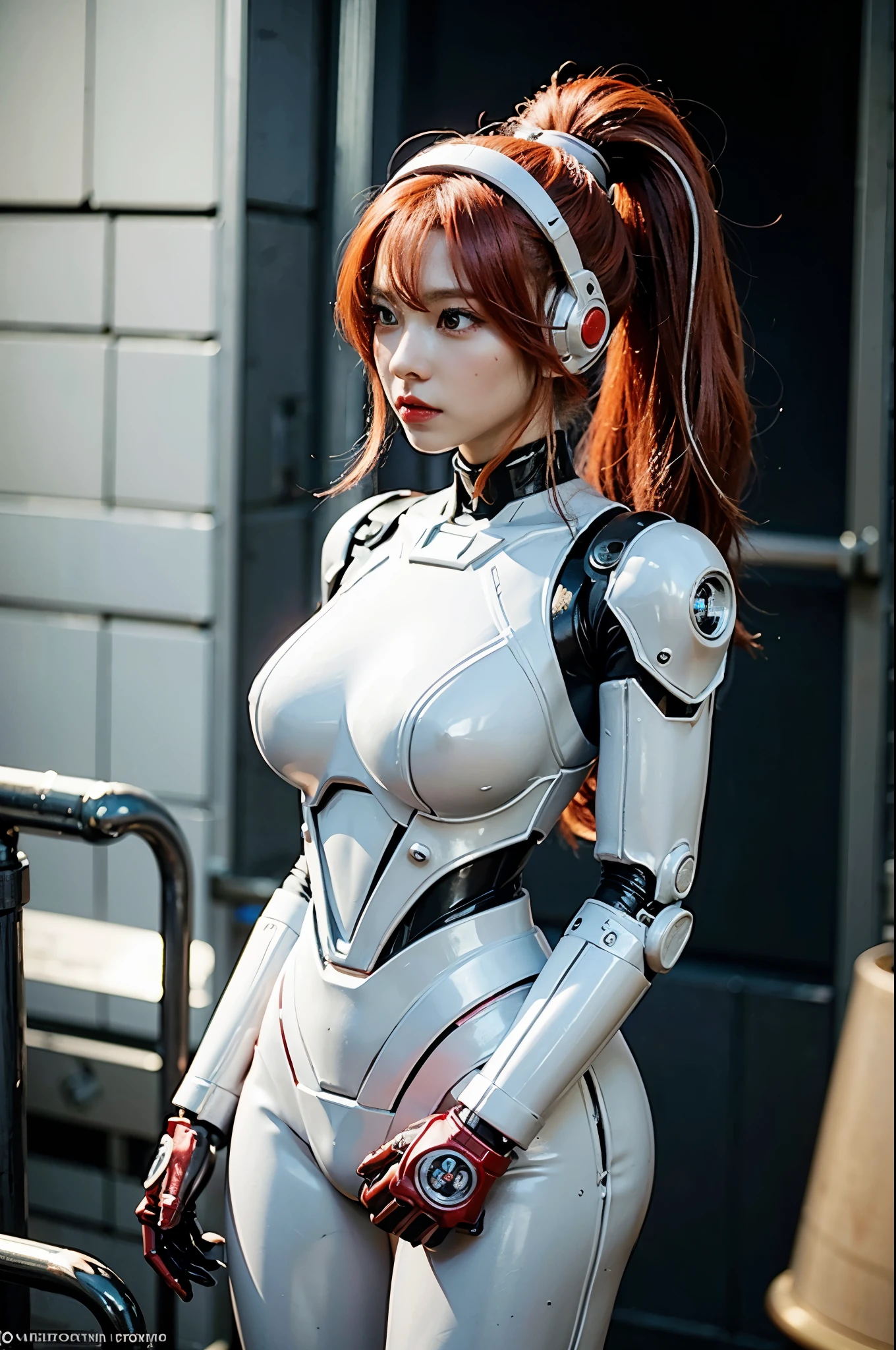 photographie de taille , votre petite amie cosplayeuse en tant que méga man x femme reploïde, femme asiatique de 30 ans , elle utilise du rouge à lèvres argenté, casque futuriste . photographie occasionnelle, oeil de poisson, cheveux en queue de cheval haute avec une frange, Couleur de cheveux rouge vif, yeux de lentilles anime rouges, cheveux légèrement bouclés, she try robotique poses, expression légèrement folle, vide, robotique, neutre, combinaison plastifiée blanche et métallisée, 1er prix cosplay, seul streets