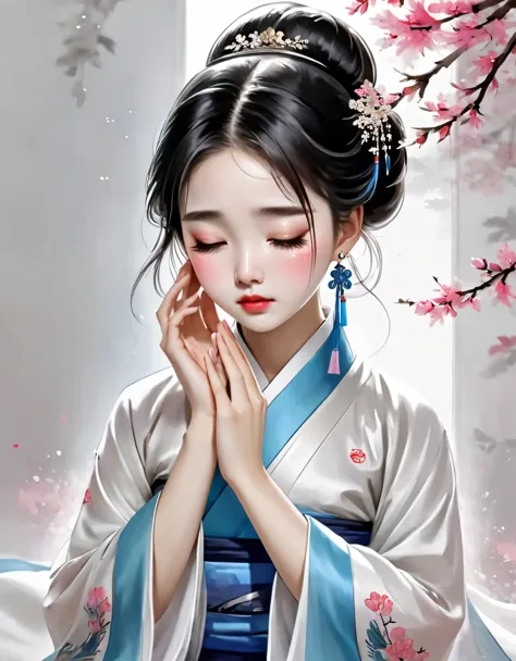 sketch：（Beautiful face of crying Chinese girl covering her face with handkerchief）, （With many, many tears in her eyes：1.3），（Eye...