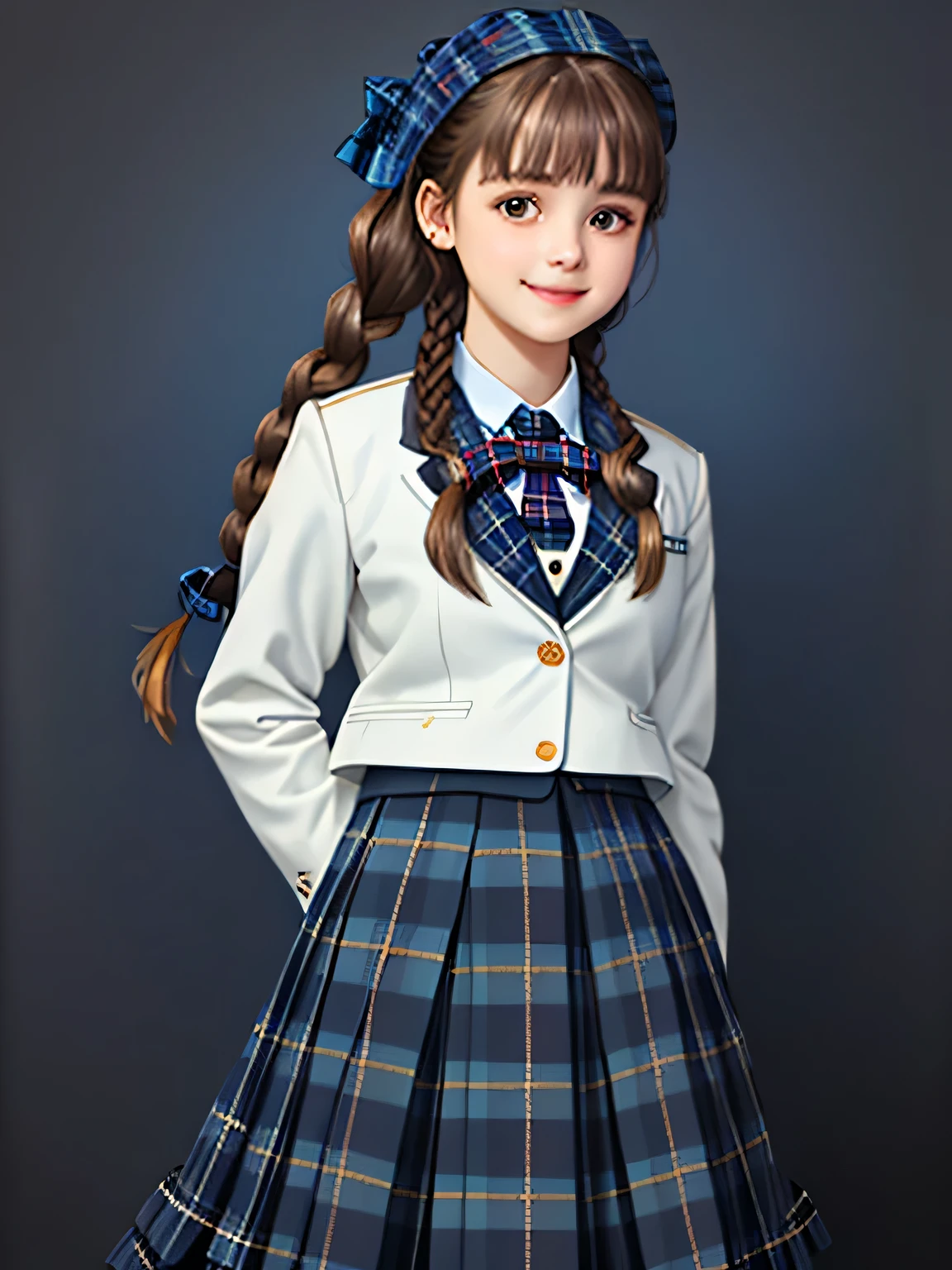 (16 years old very cute girl), Height: 160cm, (((very cute & very large brown eyes))), Very beautiful portrait, realistic cute girl drawing, amazing digital paintings, elegant digital paintings, baroque digital painting, detailed beautiful portrait, ((((dark blue & Deep navy tartan check middle long skirt)))),((((dark blue school blazer)))), ((very big blue school ribbon)), (((Braid hairstyles))), ((looking at the viewer)), ((Transparent pure white skin)), ((very white skin)), ((small face)), ((pretty bangs)), ((thin)), ((long eyelashes)), (((best smile)))