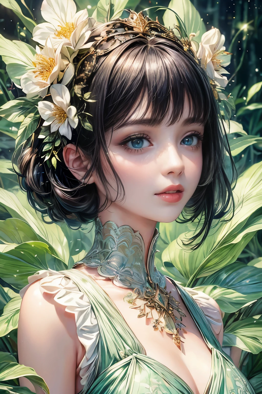 (high quality, 8K, CG, Upper body details,  girl, Floral Dress, forest background, detailed facial features, Elegant black hair, almond green eyes, Detailed eye makeup, long eyelashes fluttering, blinking big eyes, twinkling stars, Intricate lip details, The style is soft)