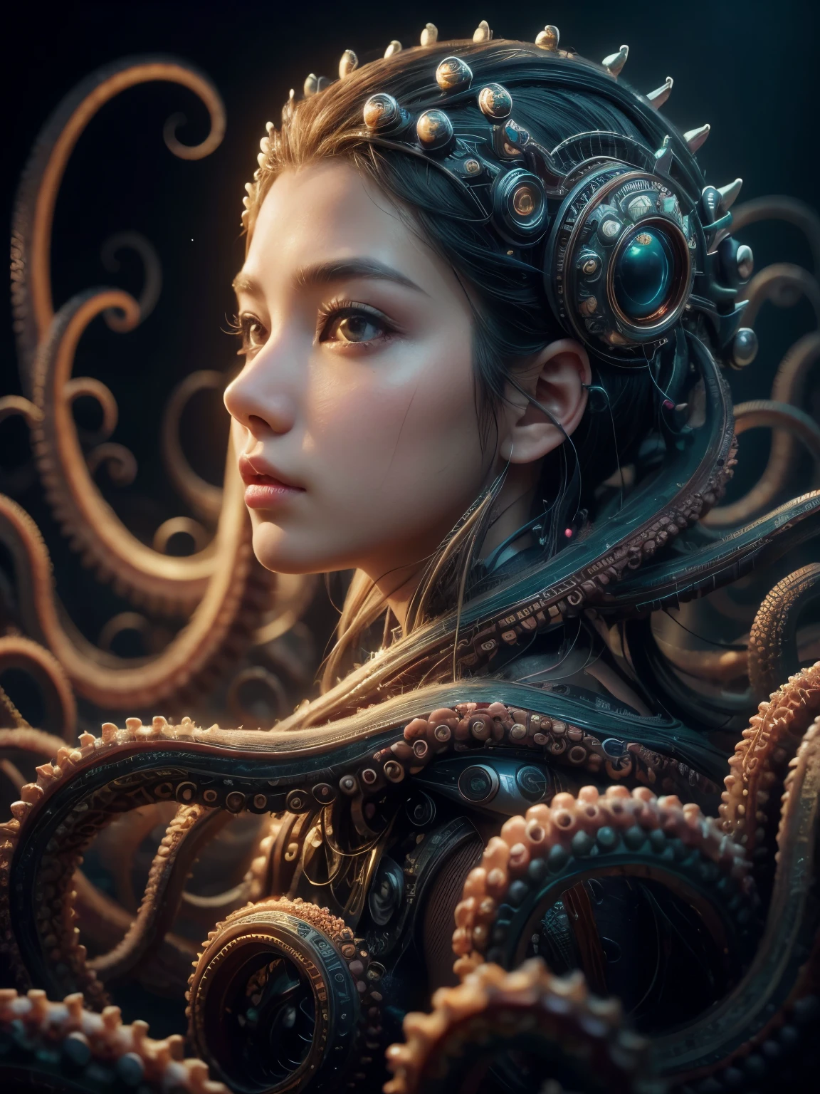 (high quality), (masterpiece), (detailed), 8K, Hyper-realistic portrayal of a futuristic (1girl1.2), Japanese character intertwined with cybernetic octopus tentacles. Meticulous details capture the dynamic fusion of organic and technological elements in this visually stunning composition. Trending on Artstation.