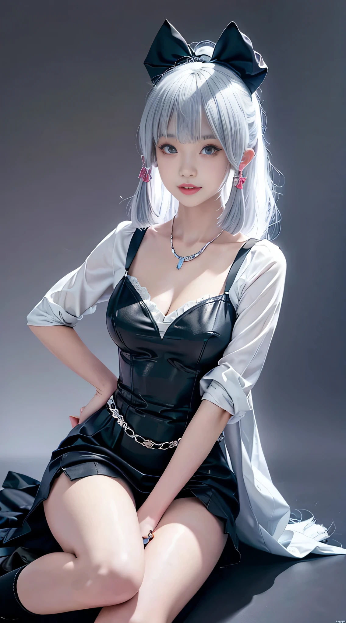 traje de cosplay de cheshire, cosplay,cinta,orejas de animales,tacones altos,correas de liga,muñequeras, ((tiro de rodilla)), 8K, obra maestra, Foto original, mejor calidad, detalle:1.2), ((Disparo en ángulos aleatorios)), natural, Extremely detalleed CG unified 8K wallpapers, profundidad de campo, Luz de película, Destello de lente, trazado de rayos, (cara extremadamente hermosa, hermosos labios, Ojos bonitos), intricate detalle face, ((ultra detalleed skin)) 1 chica, En la oscuridad, sombra profunda, hermosa chica coreana, ídolo kpop,(figura muy delgada:1.3), pechos regordetes, (sonrisa brillante), (City Noche, (Luces de neón), (Noche), hermosa chica coreana, Pendientes de diamantes blancos, Pulsera de diámetro, Collar Dia, Ojos claros, Caminar, (ojos grandes), mano derecha, anatómicamente correcto, ((Fondo gris sencillo)), pose sentada, fov de 63 grados