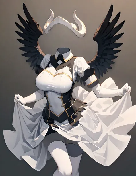 nobody,alone,horn,Albedo (Overlord),wing,Big breasts,skirt,Hip vents,black wing,white Gloves,Gloves,white skirt,hair between eyes,yellow eyes,feathered wing,demon horn,feather,slit pupil,split collar,black feather,Cowboy shooting,elbow Gloves,white horn,pe...