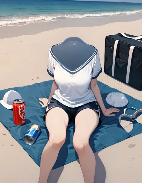 (nobody:1.5),masterpiece, best quality, beach, sitting on a beach towel,  Glasses, t-shirt, shorts, hat,  summer, soda can, Bag