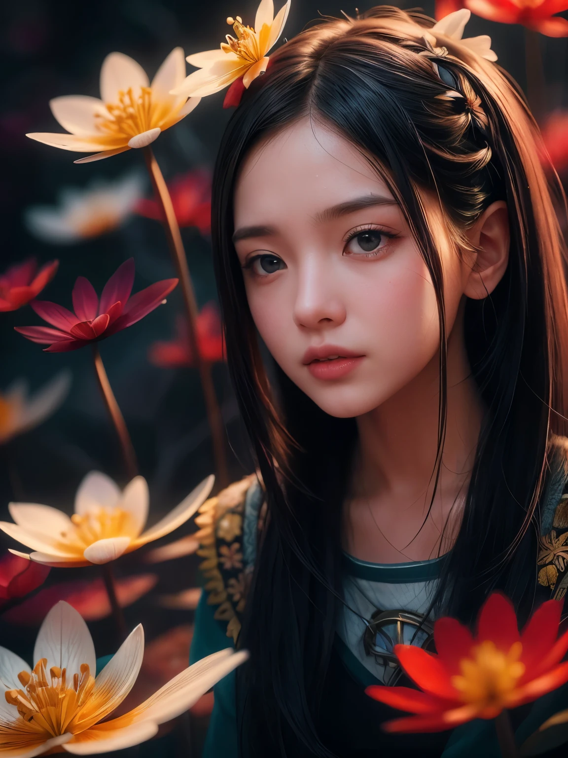 (alta calidad), (obra maestra), (detallado), 8K, Representación hiperrealista de un futurista. (1niña1.2), Carácter japonés adornado con llamativas flores de sanguinaria. Los detalles meticulosos capturan el intrigante contraste entre la naturaleza y la tecnología en esta composición visualmente impactante.. Tendencia en ArtStation.