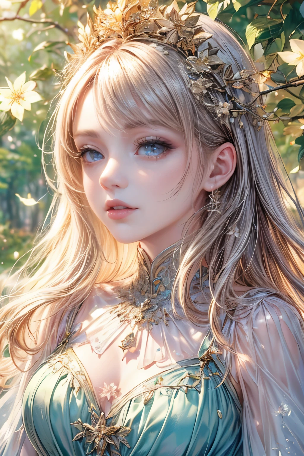 (high quality, 8K, CG, Upper body details,  girl, Floral Dress, forest background, detailed facial features, elegant long hair, big almond eyes, Detailed eye makeup, long eyelashes fluttering, blinking big eyes, twinkling stars, Intricate lip details, The style is soft)
