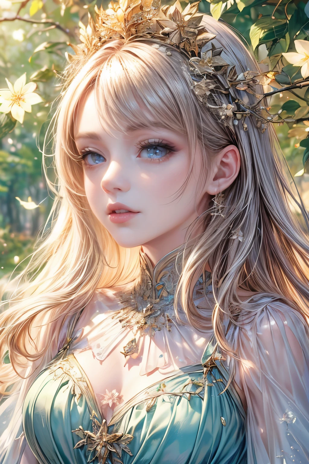 (Haute qualité, 8k, CG, Détails du haut du corps,  fille, robe à fleurs, fond de forêt, traits du visage détaillés, cheveux longs élégants, grands yeux en amande, maquillage détaillé des yeux, De longs cils qui flottent, De grands yeux clignotants, Étoiles scintillantes, Détails complexes des lèvres, Le style est doux)