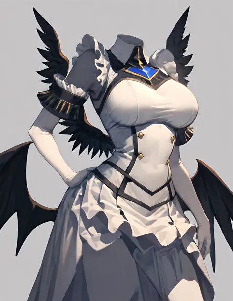 (nobody:1.5),alone,horn,Albedo (Overlord),wing,Big breasts,skirt,Hip vents,black wing,white Gloves,Gloves,white skirt,hair between eyes,yellow eyes,feathered wing,demon horn,feather,slit pupil,split collar,black feather,Cowboy shooting,elbow Gloves,white h...