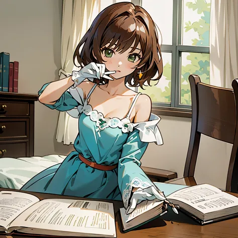 shoko sashinami, valvrave, masutepiece, best quality, ultra-detailed, 1 girl, brown hair, green eyes, white gloves of right hand...