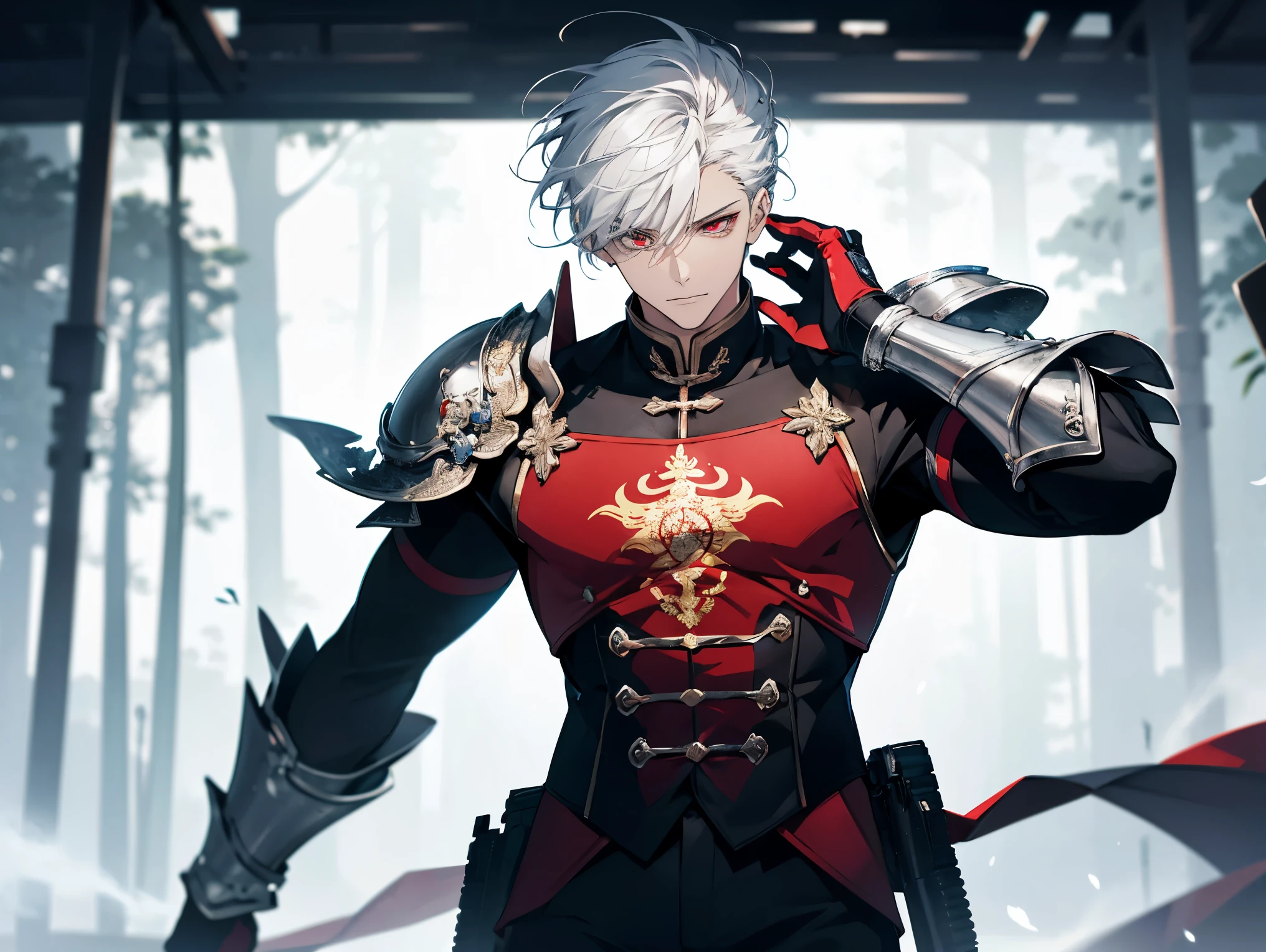 1 man, teacher, wearing white shirt, red adventure suit with some armor, black long pants, white hair, short hair, red eyes, not a serious face, face to detail, detailed eyes, the background is a forest in china