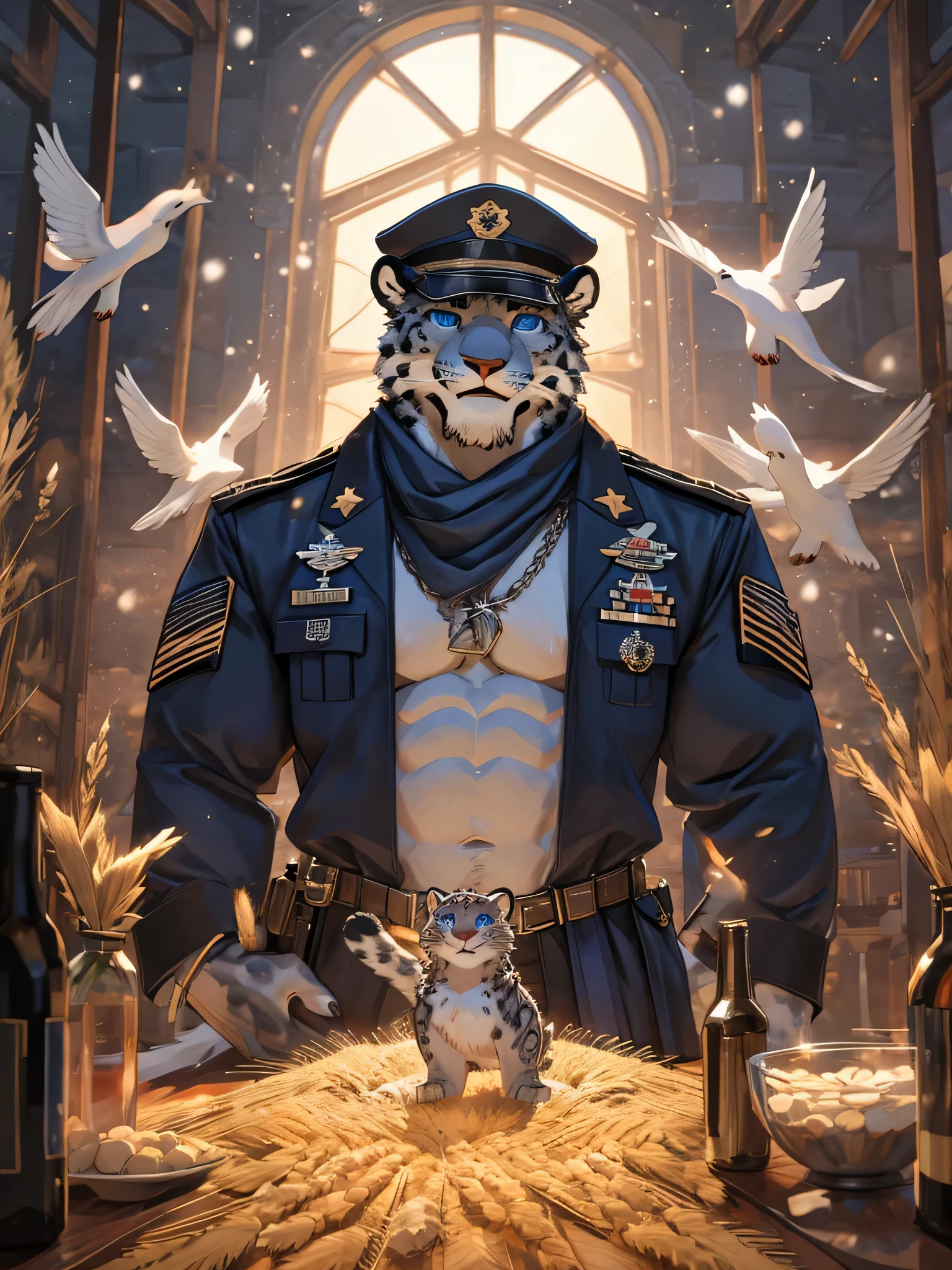 A snow leopard wearing a military cap with two black and white halves. There is a miniature animal flag in the middle of the hat - there is a perfectly sized circle on the front of the hat, There are five five-pointed stars in it，Surrounding a dove of peace flying with ears of wheat, The eye on the left is bright red, Blue eyes on the right, Turn up your nose confidently, grin, and a steady stream of sweat, through his strong chest and abdominal muscles