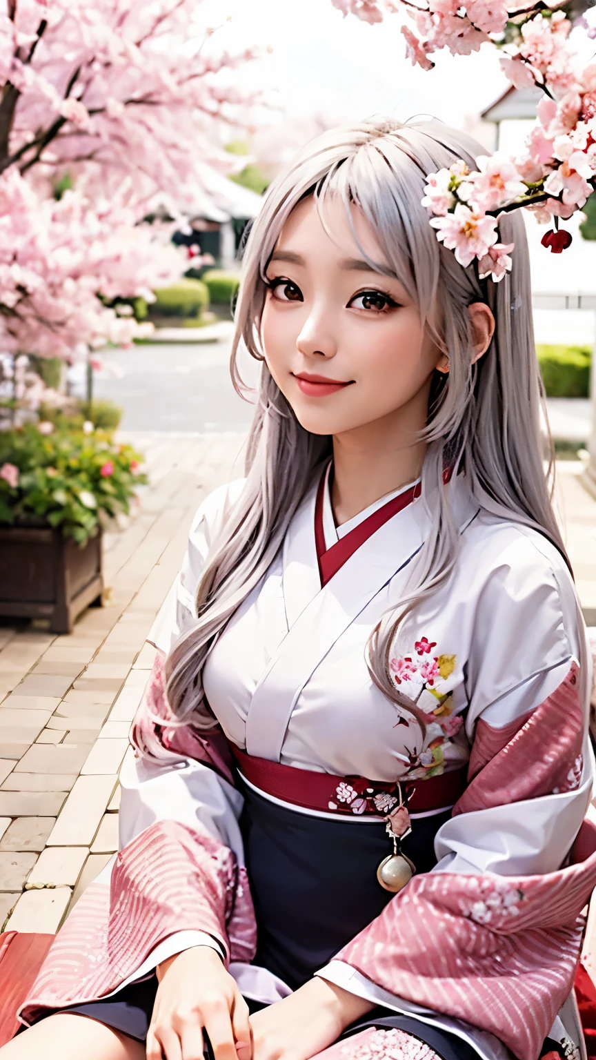 celestial nine-tail fox goddess, beautiful anime girl, white silver hair, sitting under the cherry blossoms, spring, cherry blossoms in hair, smiling, wearing japanese style kimono with beautiful ornaments