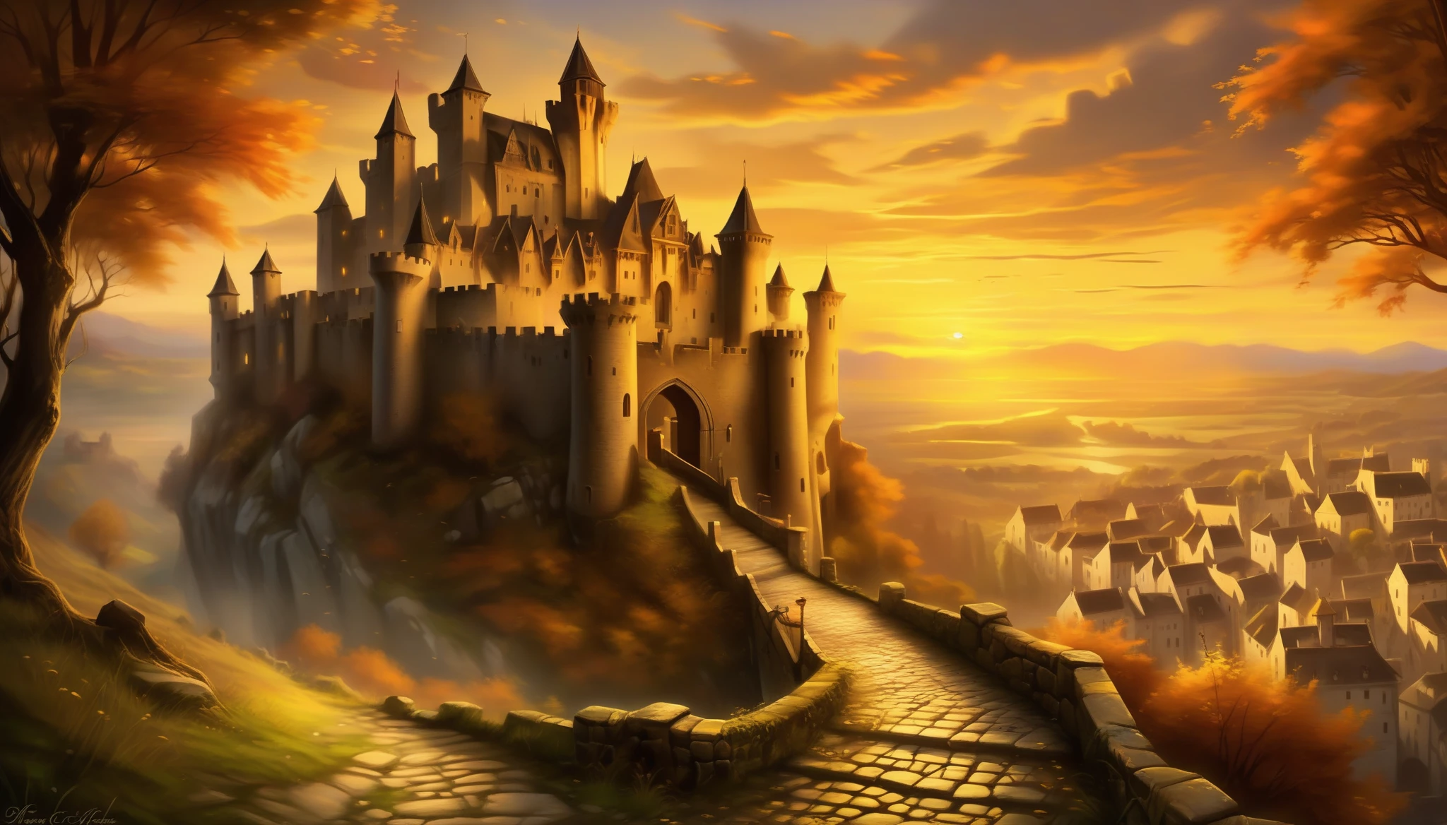 Another world to a world of dark fantasy and wonder, Quaint, An ancient castle surrounded by a charming ancient medieval city, A picturesque castle awaits, Against the backdrop of a stunning sunset, The warm hues of the setting sun are in the corner々illuminates up to, Intricate details of stone roads and natural light create a surreal atmosphere, The setting sun casts a warm light on the scene, The handwriting is very accurate, It looks almost unrealistically beautiful, Every detail comes alive and vivid, atmosphere of a bygone era, Delicate brush strokes capture every intricate detail, Emphasizes careful brushstrokes and intricate details, Immerse yourself in the beauty of breathtaking backgrounds, The level of detail in the master is amazing, From natural light to elaborate brushstrokes,