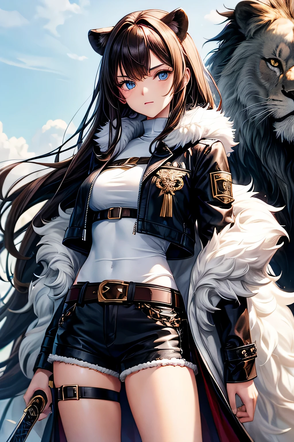 1 girl,brown hair　black shorts　black jacket with white fur　mercenary　blue eyes　white shirt　thigh belt　boots　Medium hair lion long sword