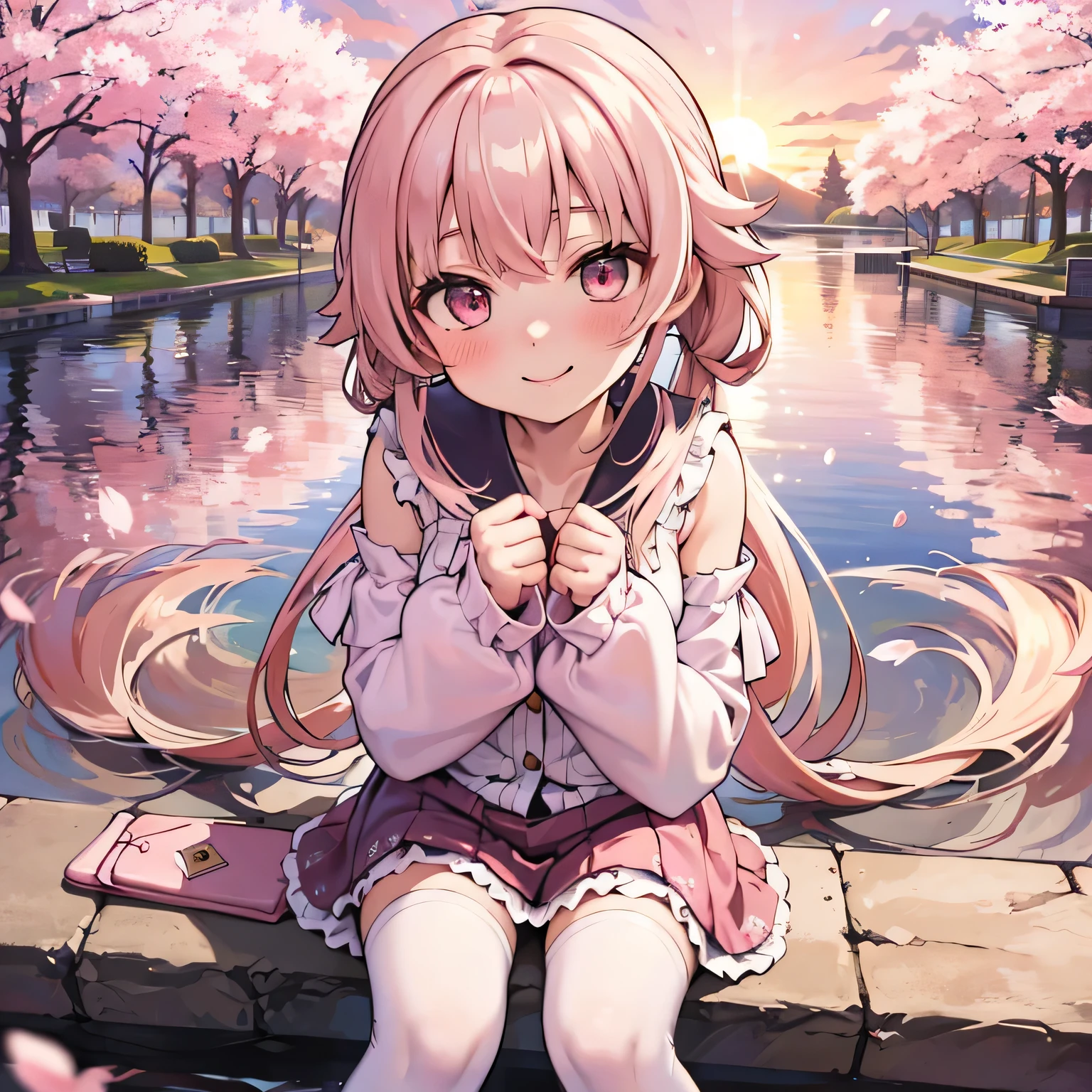 sakuramiku, Upper body, smile, blush, sitting, ((cherry blossoms)), ((pink sleeves)), pink tone, ((pink stockings)), pink sky, sunset, lake, reflection