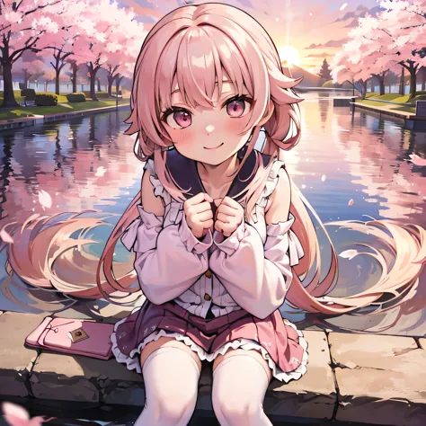 sakuramiku, Upper body, smile, blush, sitting, ((cherry blossoms)), ((pink sleeves)), pink tone, ((pink stockings)), pink sky, s...