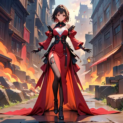 A woman wearing a red suit and black leggings, Poses in a dynamic way, Concept art reminiscent of Ross Tran，and features the mai...