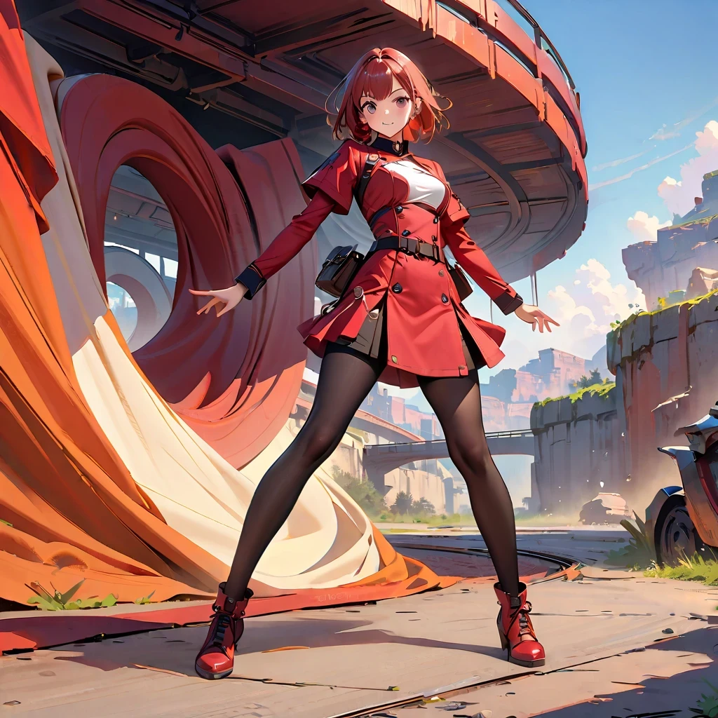 A woman wearing a red suit and black leggings, Poses in a dynamic way, Concept art reminiscent of Ross Tran，and features the main art style of Krenz Cushat，With hints of embryonic concept art. The artwork showcases high-detailed nuances, Especially the ones wearing red uniforms, Inspired by Krenz Cushat and Ross Tran，and incorporates the style of Wojtek Fus. the work captures the essence of conceptual art in high detail, Cast vibrant colors and showcase dynamic poses