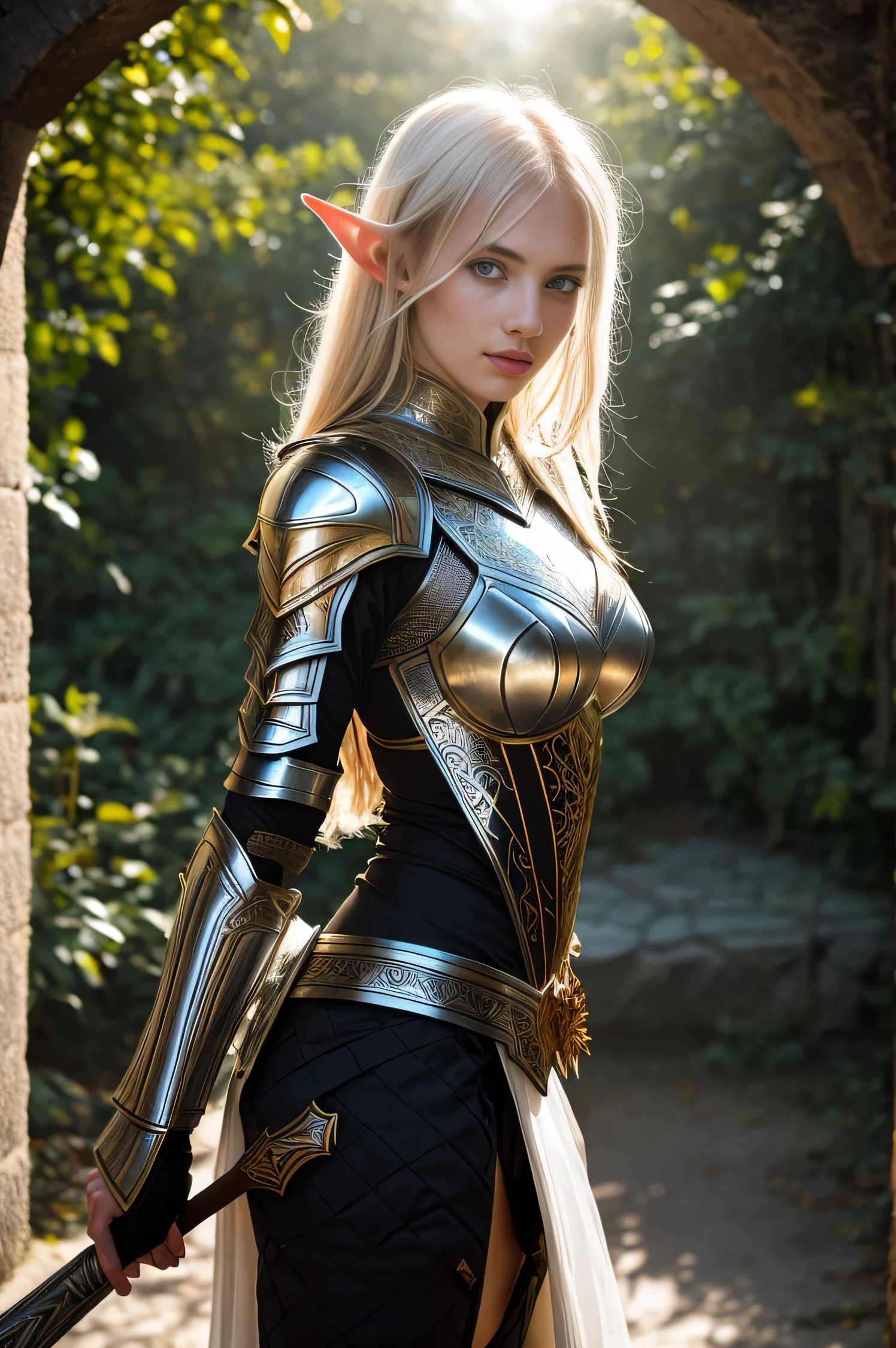 Masterpiece, a beautiful female elf knight (Adriana Malkova), bright eyes, black hair, broad shoulders, strong body, high detail pale skin with light freckles, high detail filigree armor,  outside, (skin texture:1.1), best quality, ultra high res, Raw photo, Nikon D850, backlight, rimlight, bright sunlight, film grain:1.2, (warm hue, warm tone:1.2), (color photo), fantasy landscape background