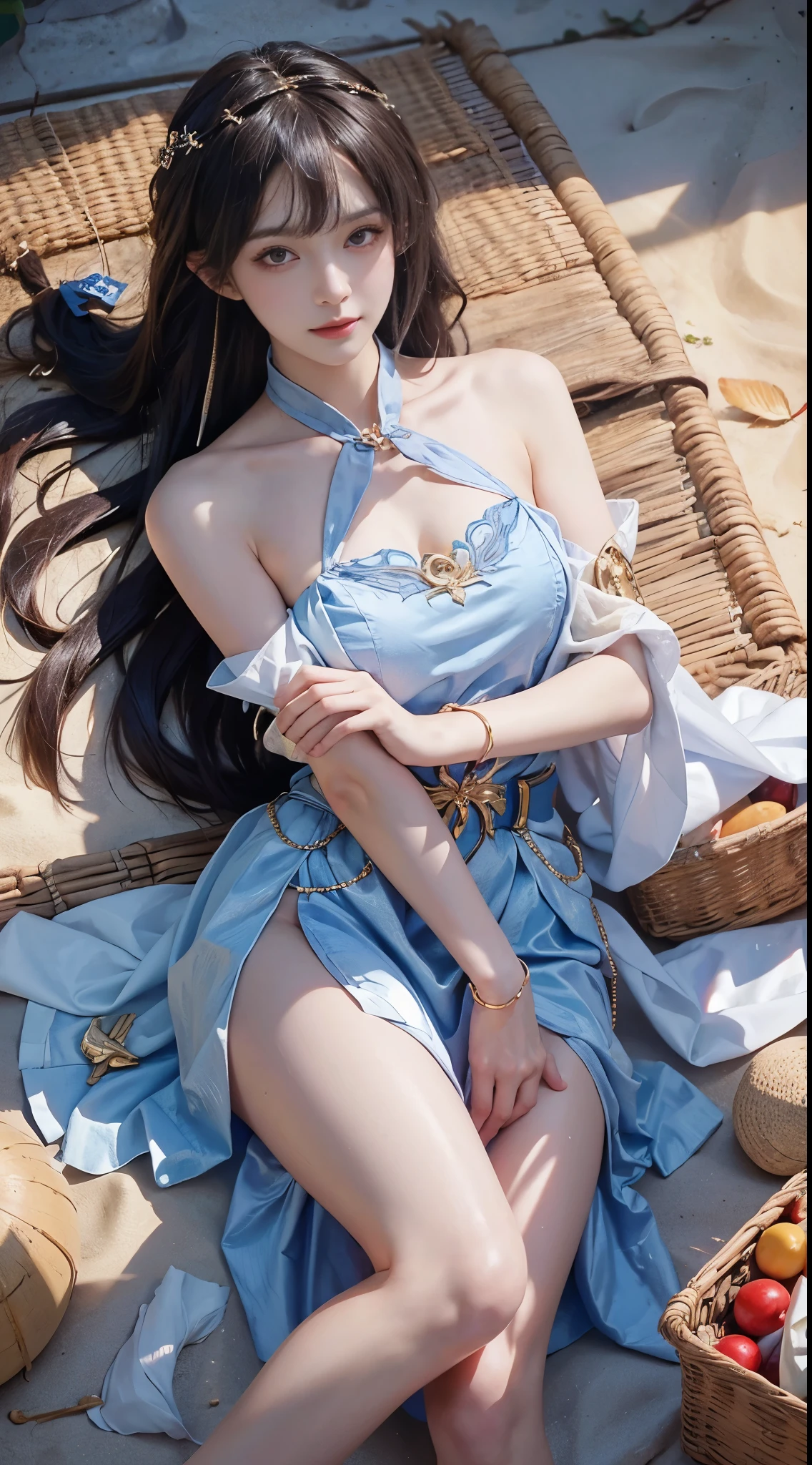 (masterpiece, best quality:1.2), 1girl, 独奏, ((bare shoulders)), (current:1.37), ((lying on a beach)), ((bird&#39;s eye view shot)), Sweet maiden, Beautiful makeup, Exquisite makeup, Extremely beautiful eyes, long hair, curls, slim body, big breasts, cleavage, Sexy slender legs, The skirt is short, Leaking sexy legs, elegant posture, best quality, correct, correct hand, correct leg, Anatomically correct, official art, Complex, detail face, detail, lifelike, Very detailed, amazing, beautiful, Young and energetic, Charming model, Meticulous CG Uniform 8k wallpaper