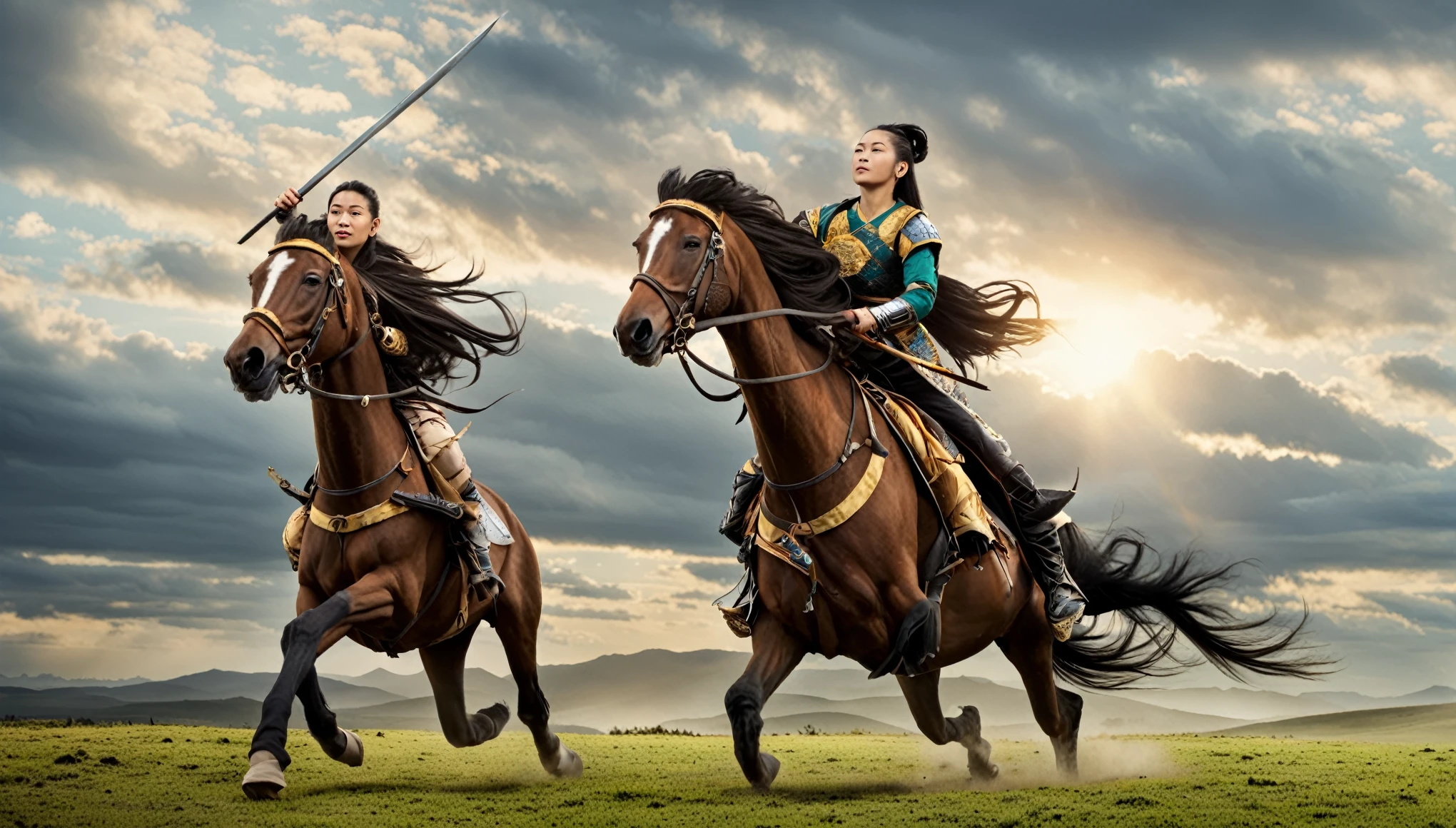 Tiro longo hiper realista. Khutulun Mongol Princesa, Poderoso e determinado, Luta, vasta paisagem mongol, beijado pelo sol, showcasing their unmatched strength and resilience. --V 5 --com 16:9 --q 1