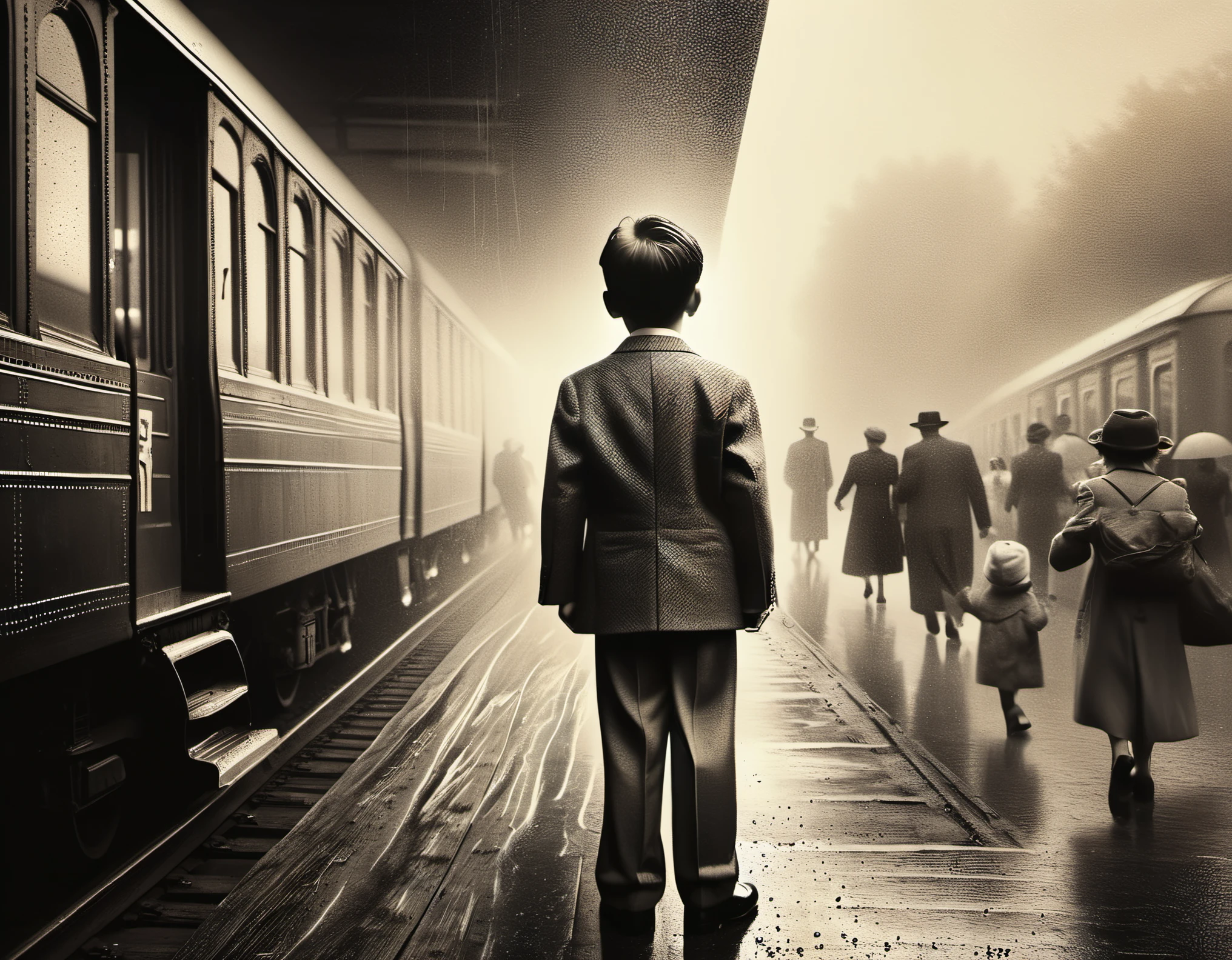 A crying boy looking at his father waving goodbye outside the train window, vintage train, black and white photo, portrait, emotional, nostalgic, sepia tone, soft lighting, father's receding figure, tear-stained face, wrinkled suit, train tracks disappearing into the distance, platform bustling with people, misty atmosphere, heavy raindrops on the window, grainy texture, sorrowful expression, vivid memories, train station, blurred motion, faded background, deep emotions, farewell scene. (best quality,4k,8k,highres,masterpiece:1.2),ultra-detailed,(realistic,photorealistic,photo-realistic:1.37),HDR,UHD,studio lighting,ultra-fine painting,sharp focus,physically-based rendering,extreme detail description,professional,vivid colors,bokeh, portraits, old-fashioned aesthetics.