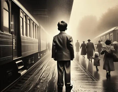 a crying boy looking at his father waving goodbye outside the train window, vintage train, black and white photo, portrait, emot...