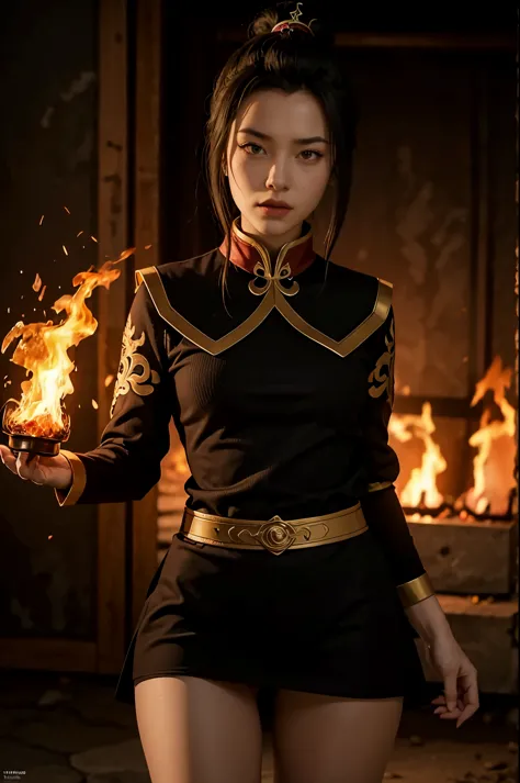 ultra realistic, high res, highly detail, masterpiece, best quality, 1girl, head to thigh shot, azula, red only fire vfx, hand f...