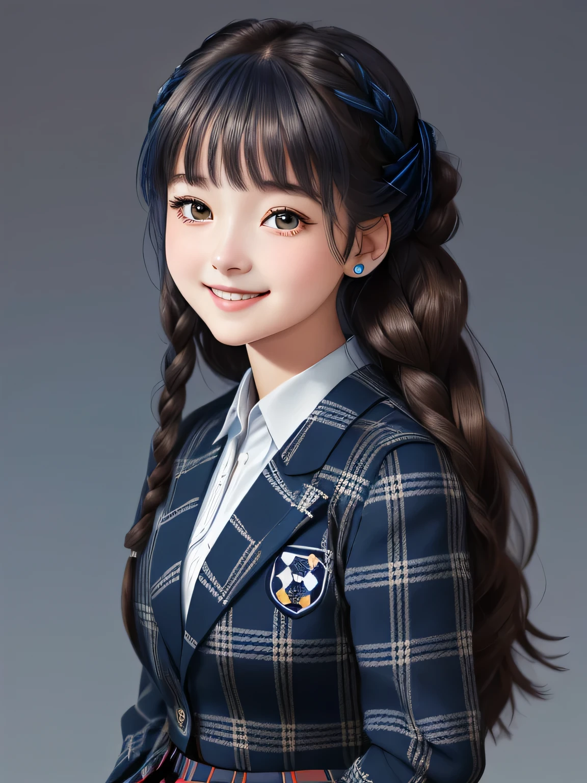 (18 year old japanese girl), Very beautiful portrait, realistic cute girl drawing, amazing digital paintings, elegant digital paintings, baroque digital painting, detailed beautiful portrait, ((brown eyes)), ((((ダークblue、blue、blueとネイビーのチェック柄ロングプリーツタータンチェックロングスカート)))),((((エンブレム付きダークblueblueblueスクールブレザー)))), (((dark brown twin braid hairstyle))), ((only looking at the viewer)), ((Transparent pure white skin)), ((very white skin)), ((small face)), ((Her curly bangs are so cute)), ((long eyelashes)), (((close your eyes and smile))), ((put your hand on your chest)), ((The corners of the eyes are drooping)), ((thin downward eyebrows)), white background, ((taken from behind))