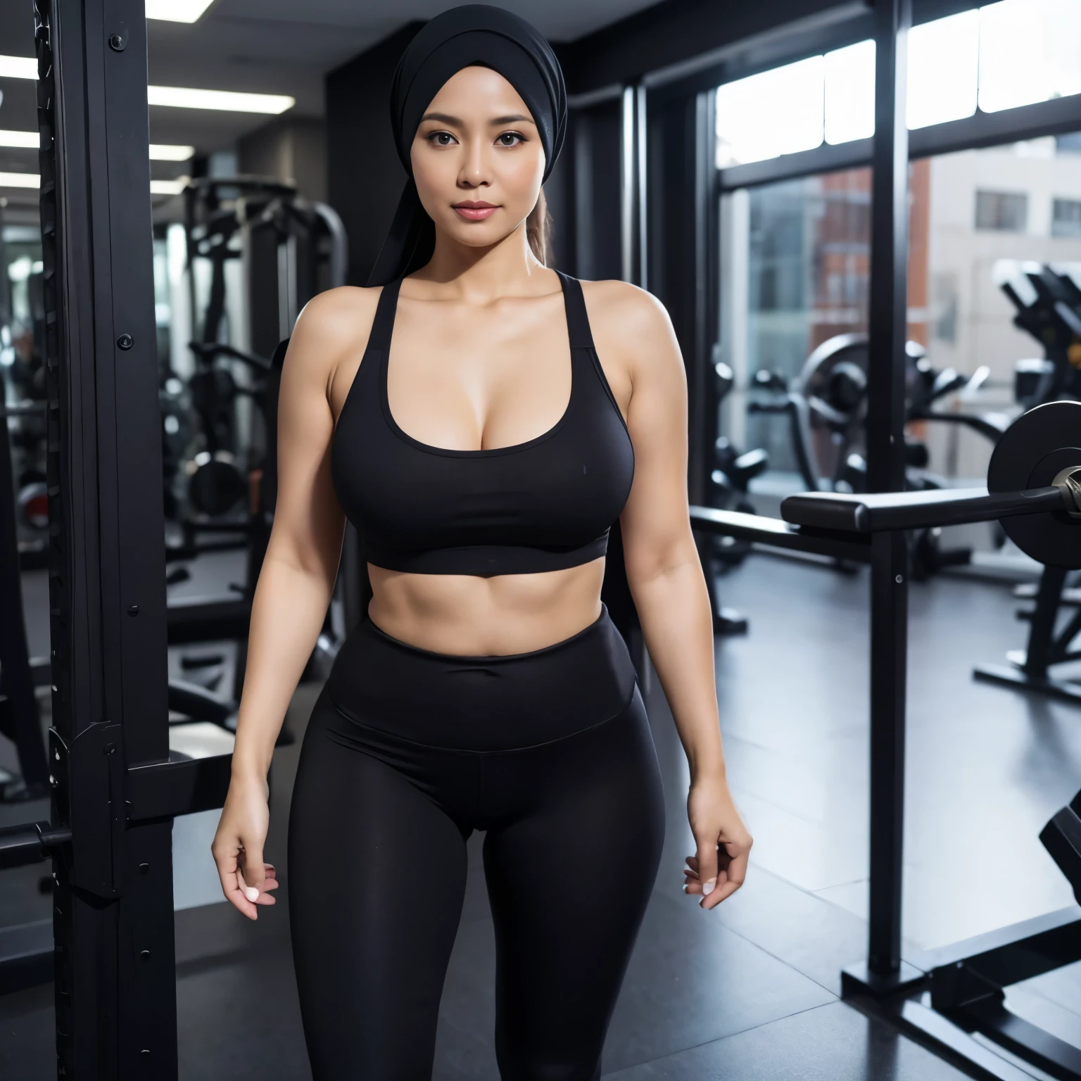 A woman in a black top and black leggings standing in a gym - SeaArt AI